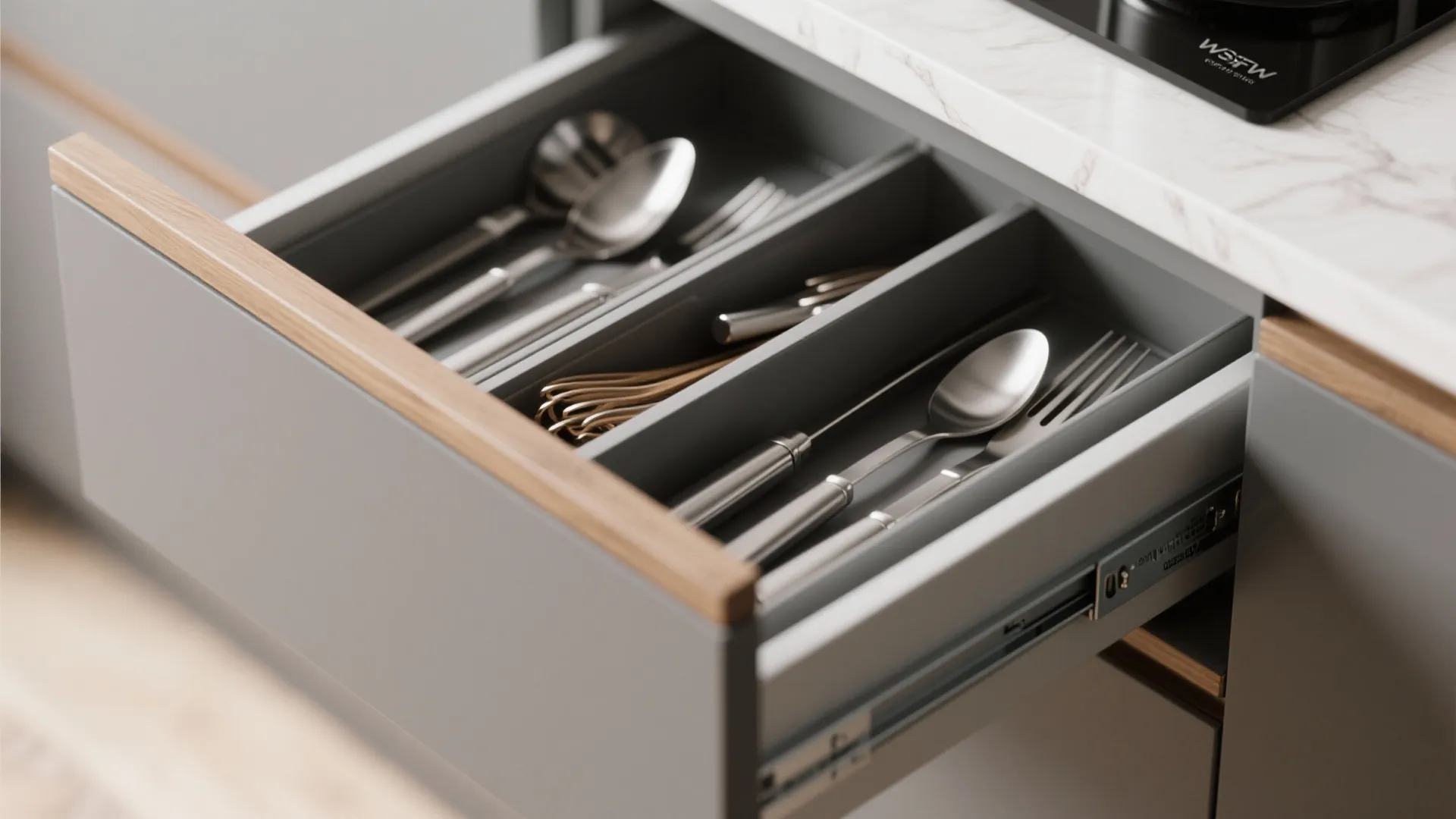 Modern grey kitchen drawer with wood trim showing cutlery organizer under a white marble countertop