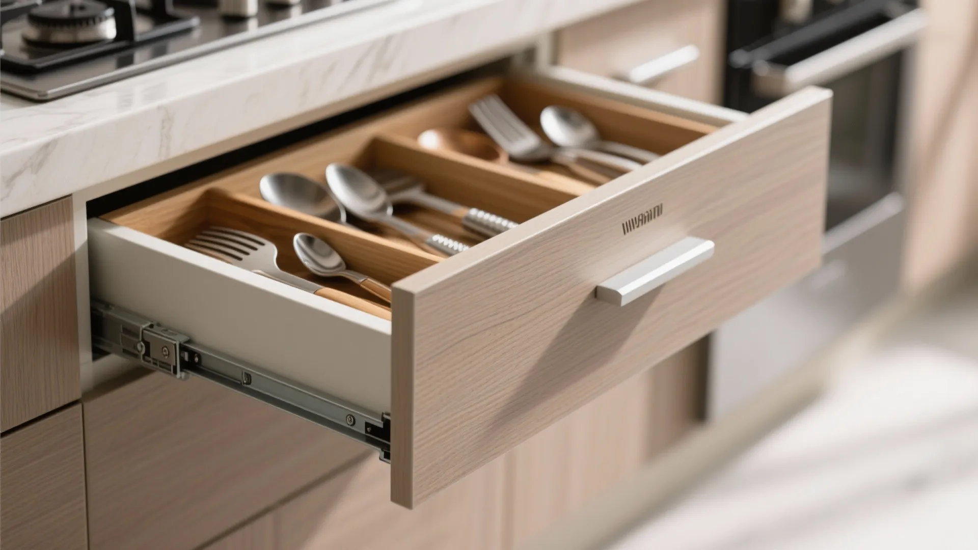 Open wooden kitchen drawer with a silver handle showing organized cutlery like spoons and forks