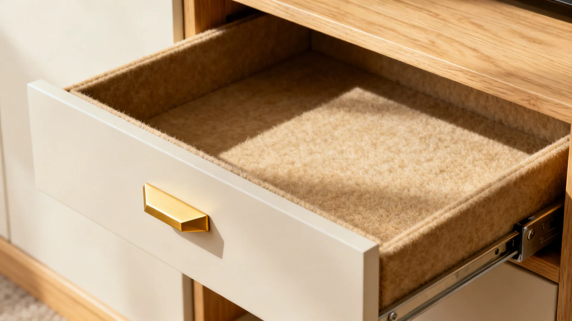 Macro of felt-lined drawer with soft-close hardware and 45-degree bevel pull.