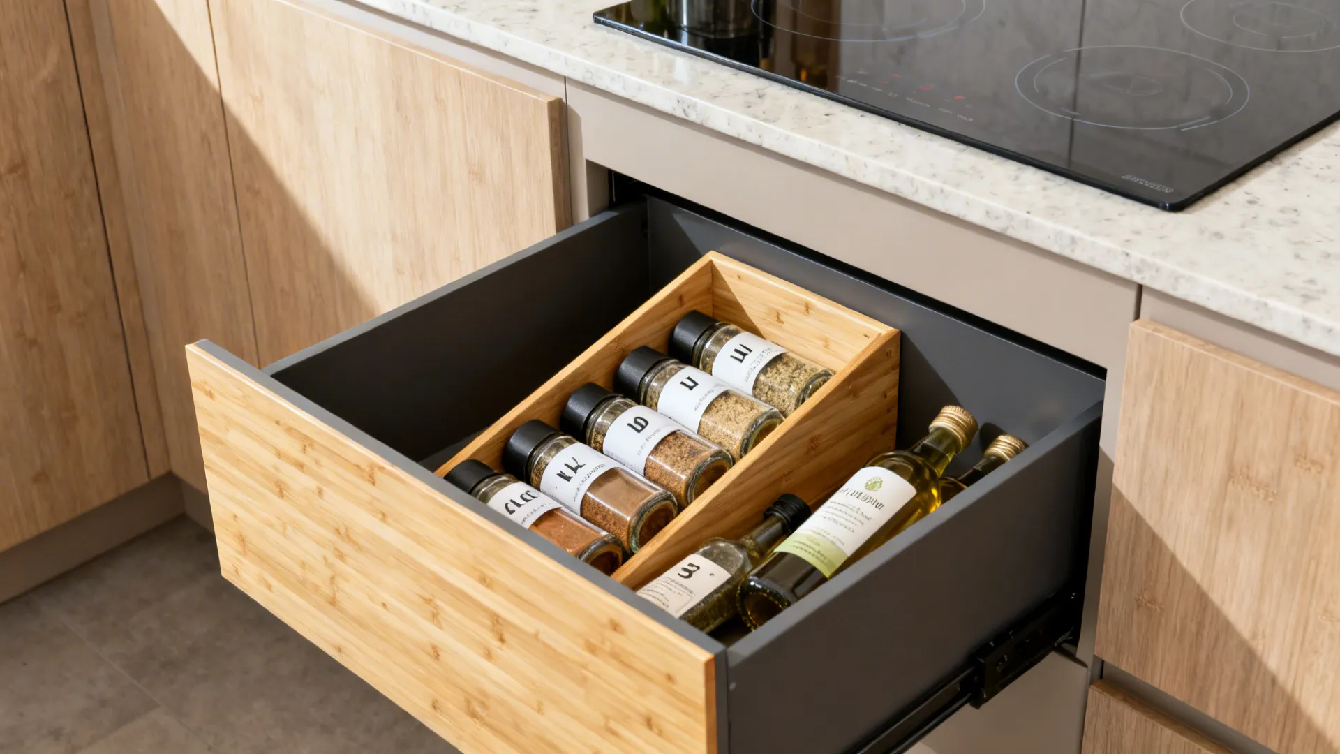 Open kitchen drawer with wooden insert holding glass spice jars and oil bottles under a cooktop