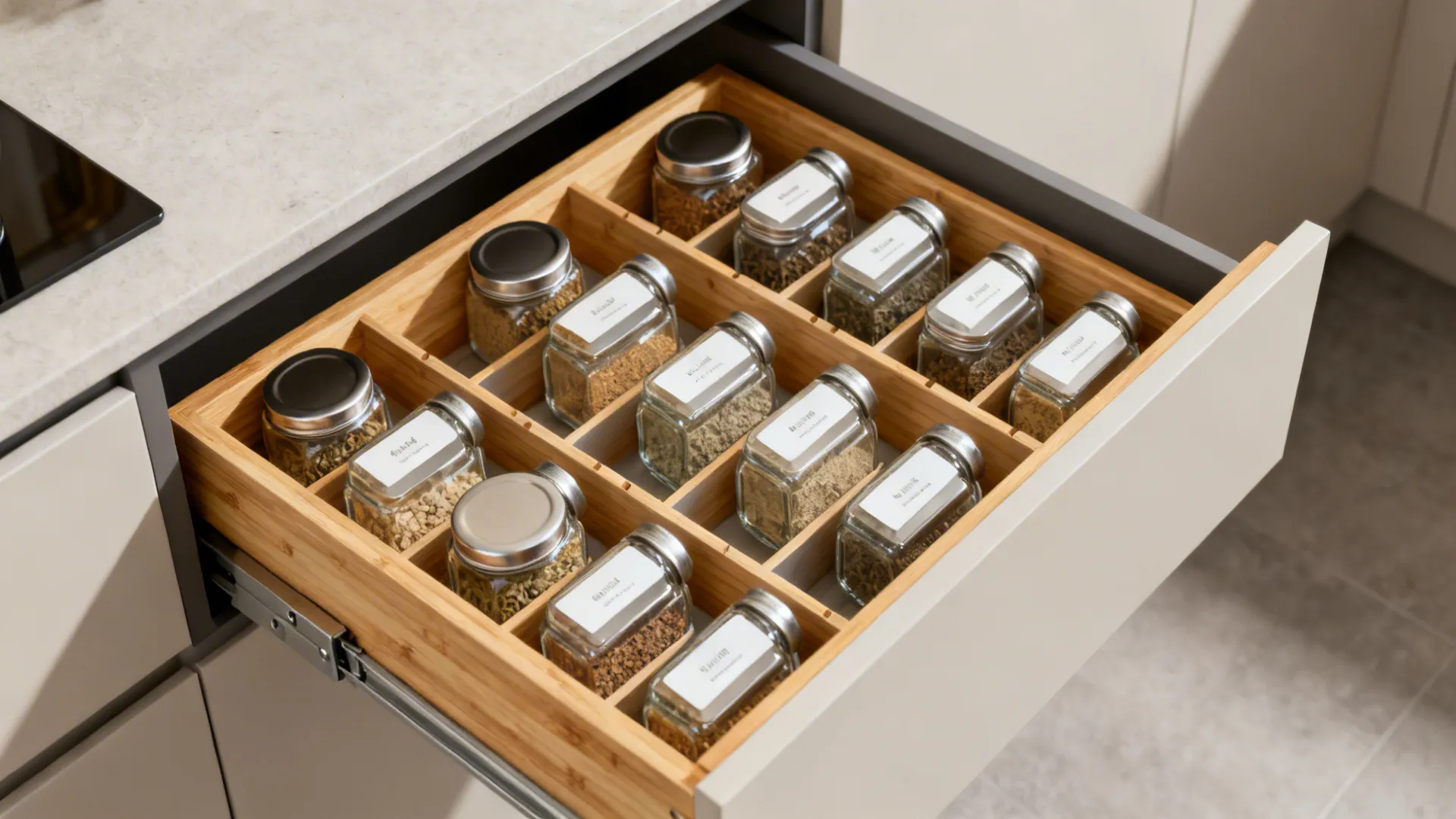 Top-down view of a drawer with angled spice tier inserts and uniform jars facing up.