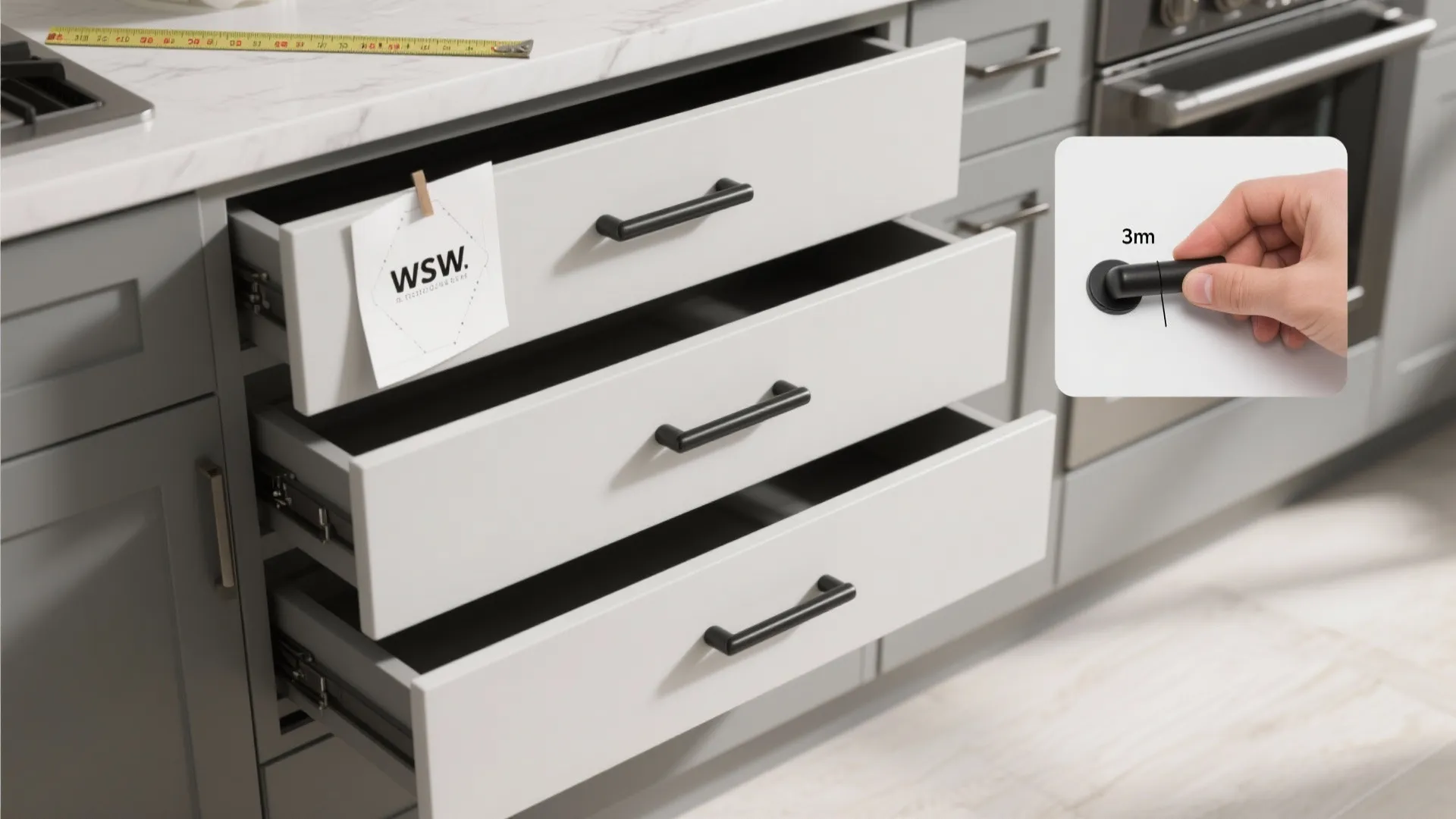 Three open white kitchen drawers with black handles showing measuring tape and 3mm handle detail