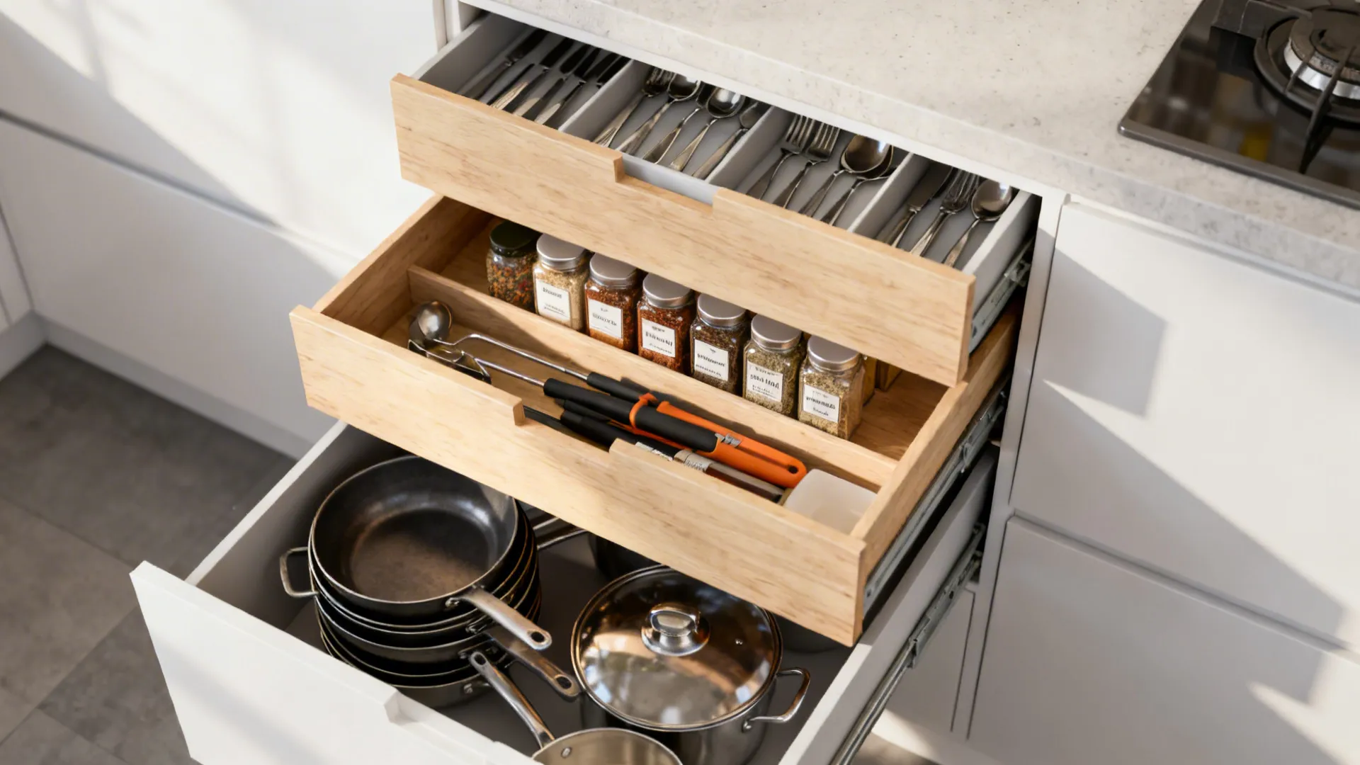 Top-down view of a neatly organized 80–90 cm kitchen drawer stack with utensils and pans.