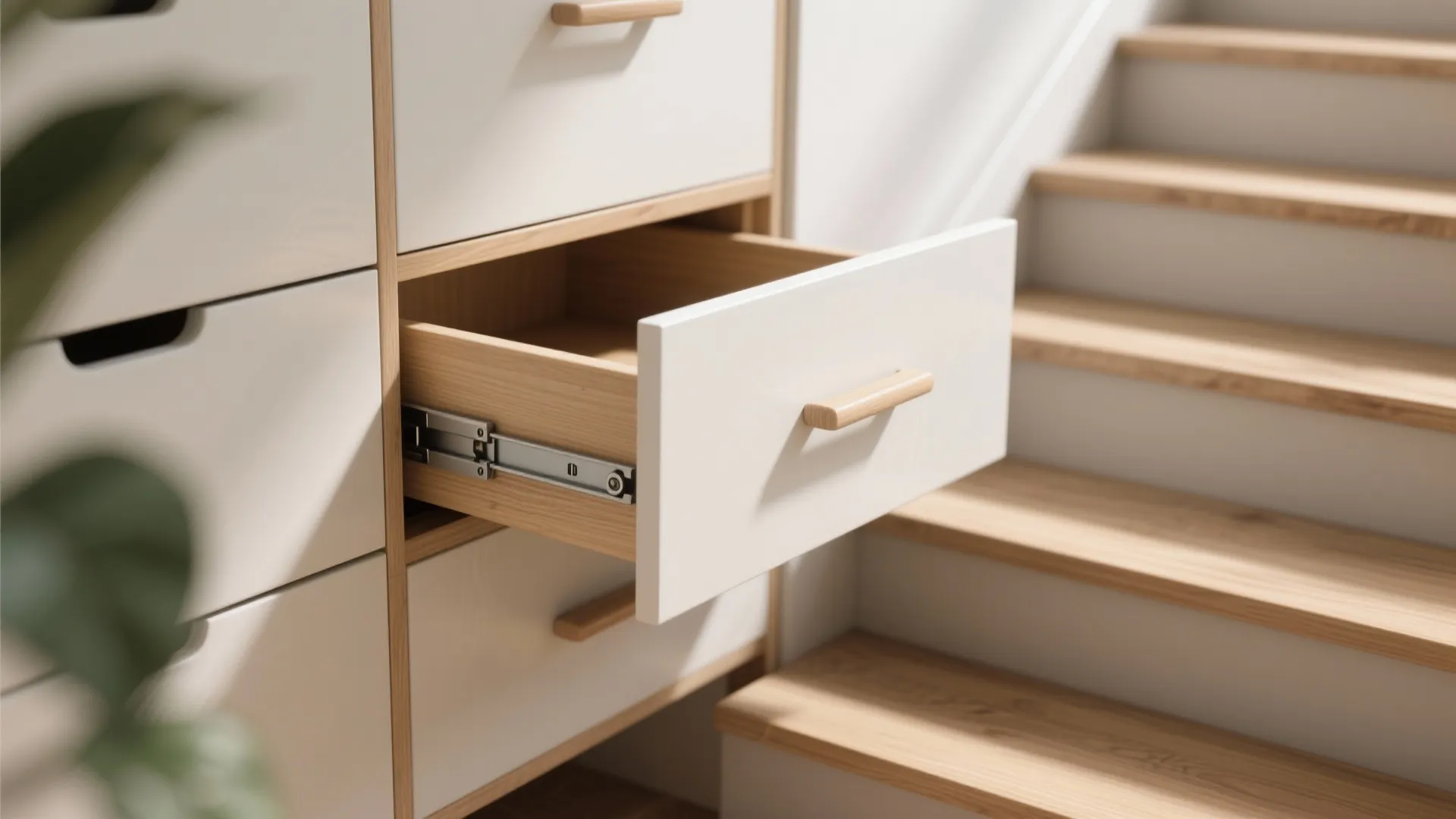Close-up of a stair riser opened as a storage drawer showing soft-close hardware and light-wood joinery.