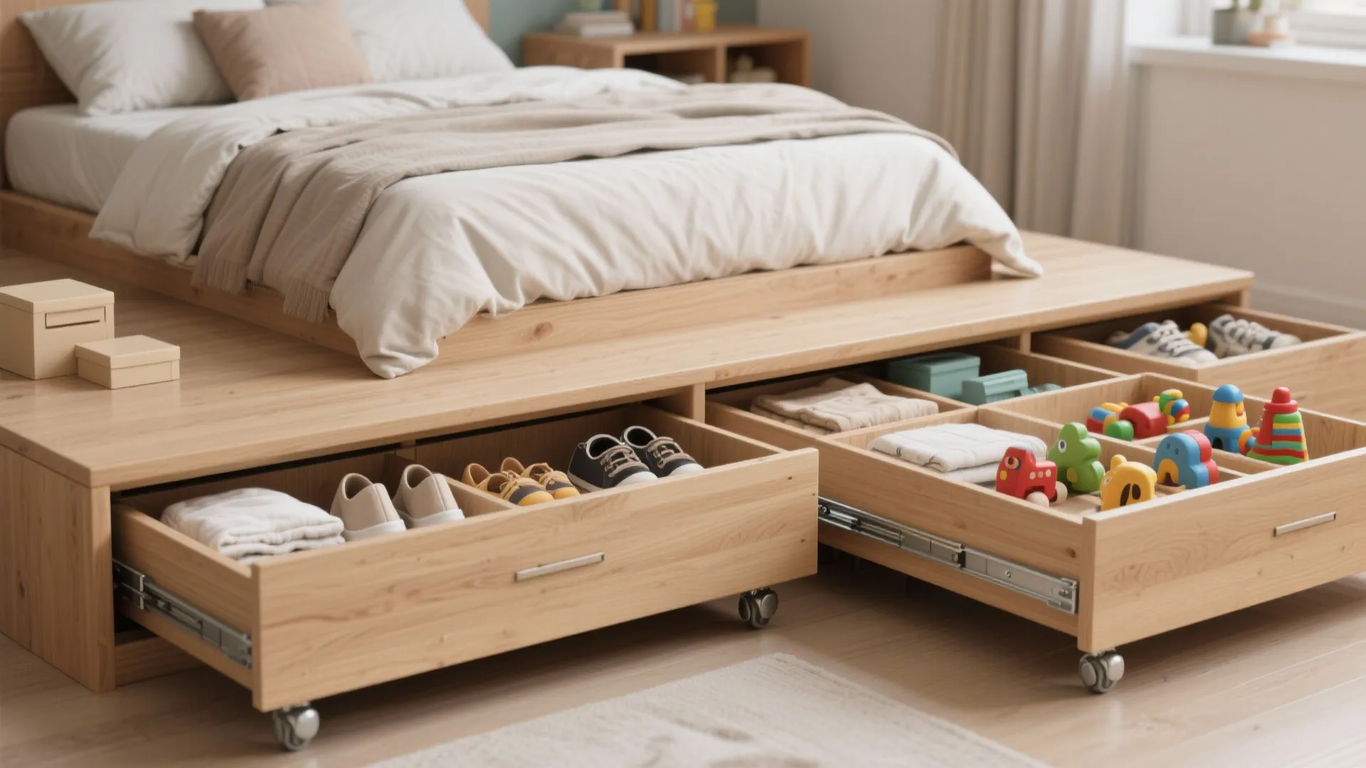 2. Deep pull-out drawers under platform bed