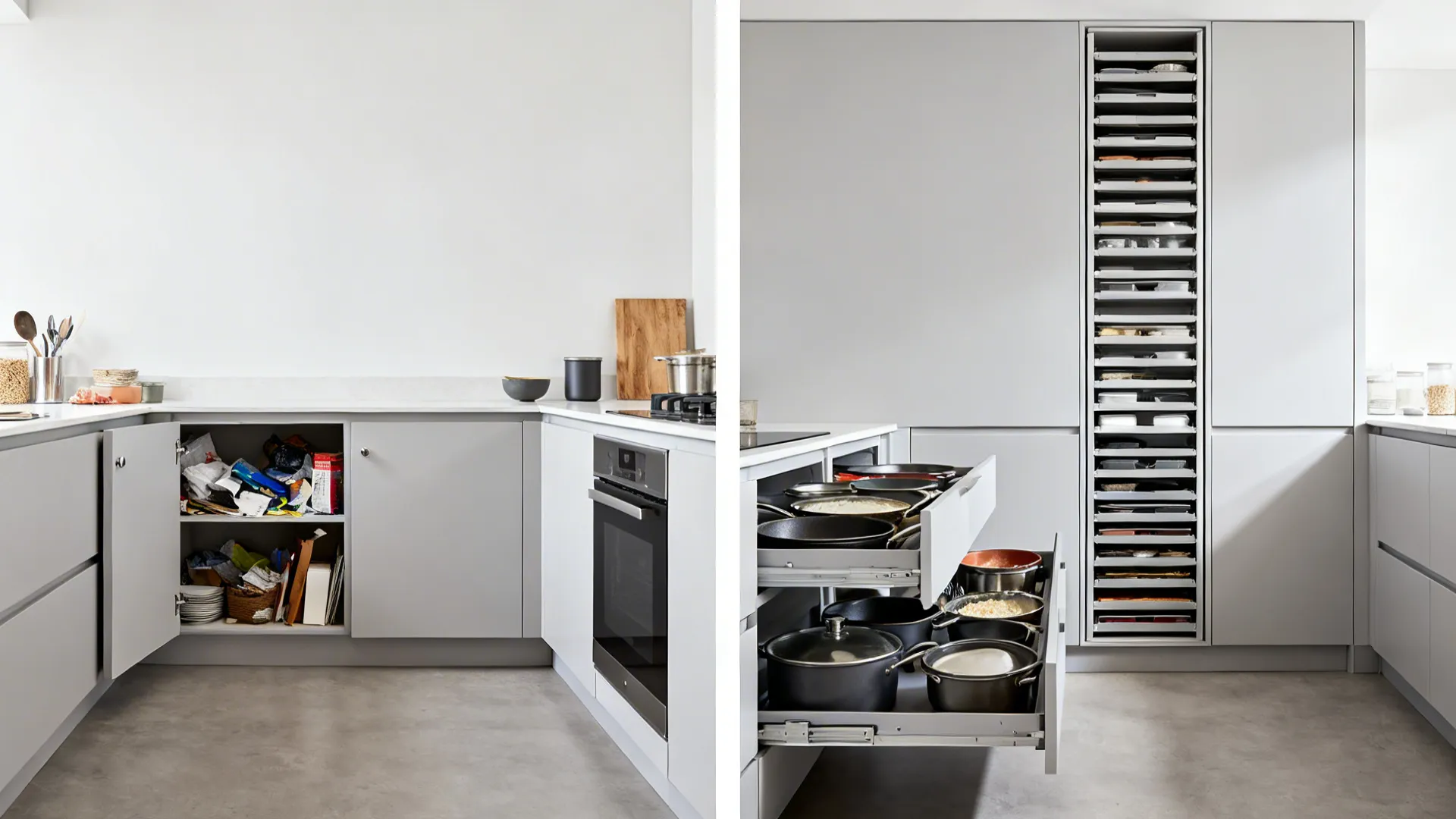 Before-and-after of a 58-inch run switching from door bases to deep drawers and a tall pantry.