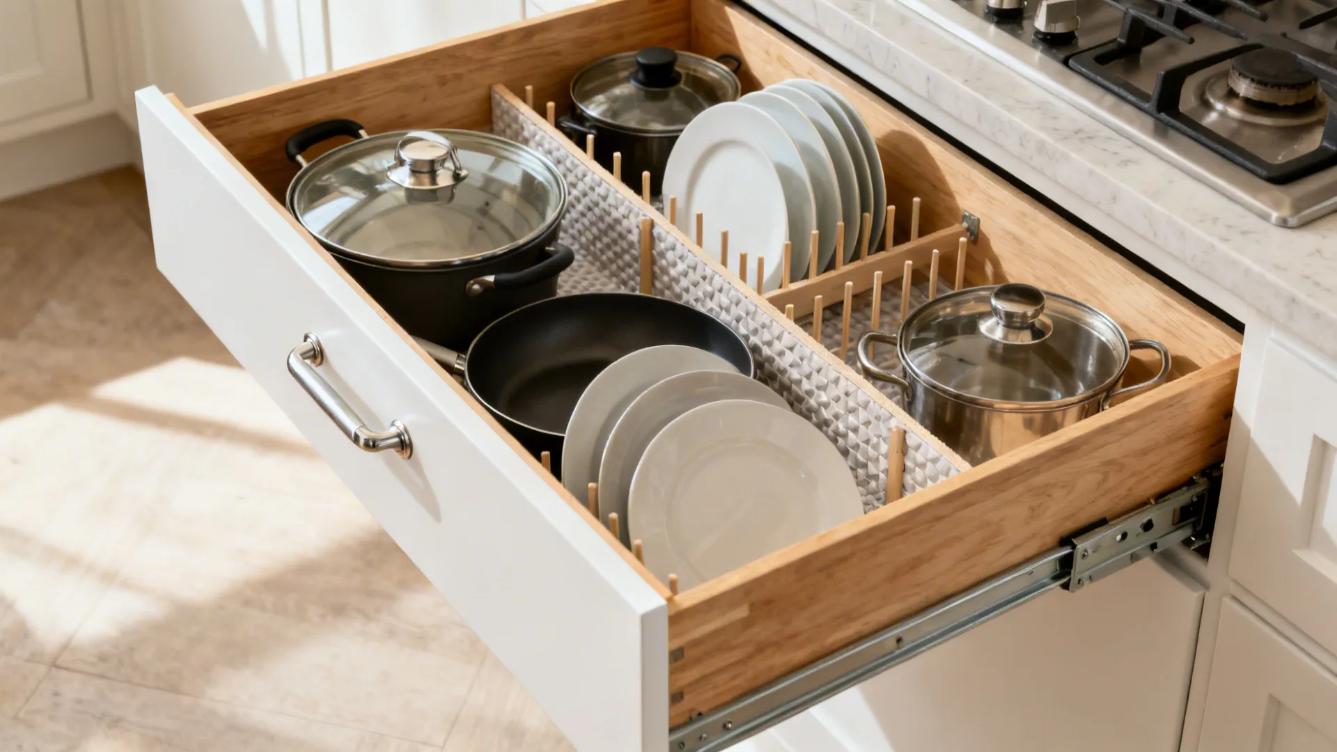Macro view of a full-extension base drawer with dividers organizing pots and plates.