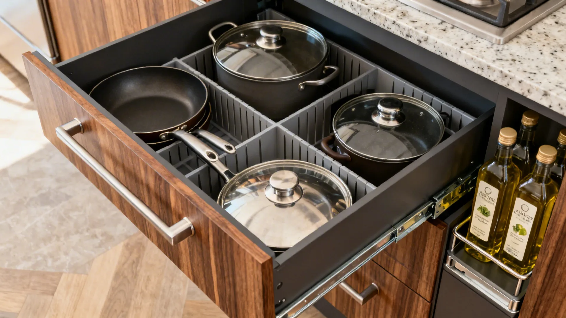 Macro view of deep kitchen drawer with dividers and soft-close glides.