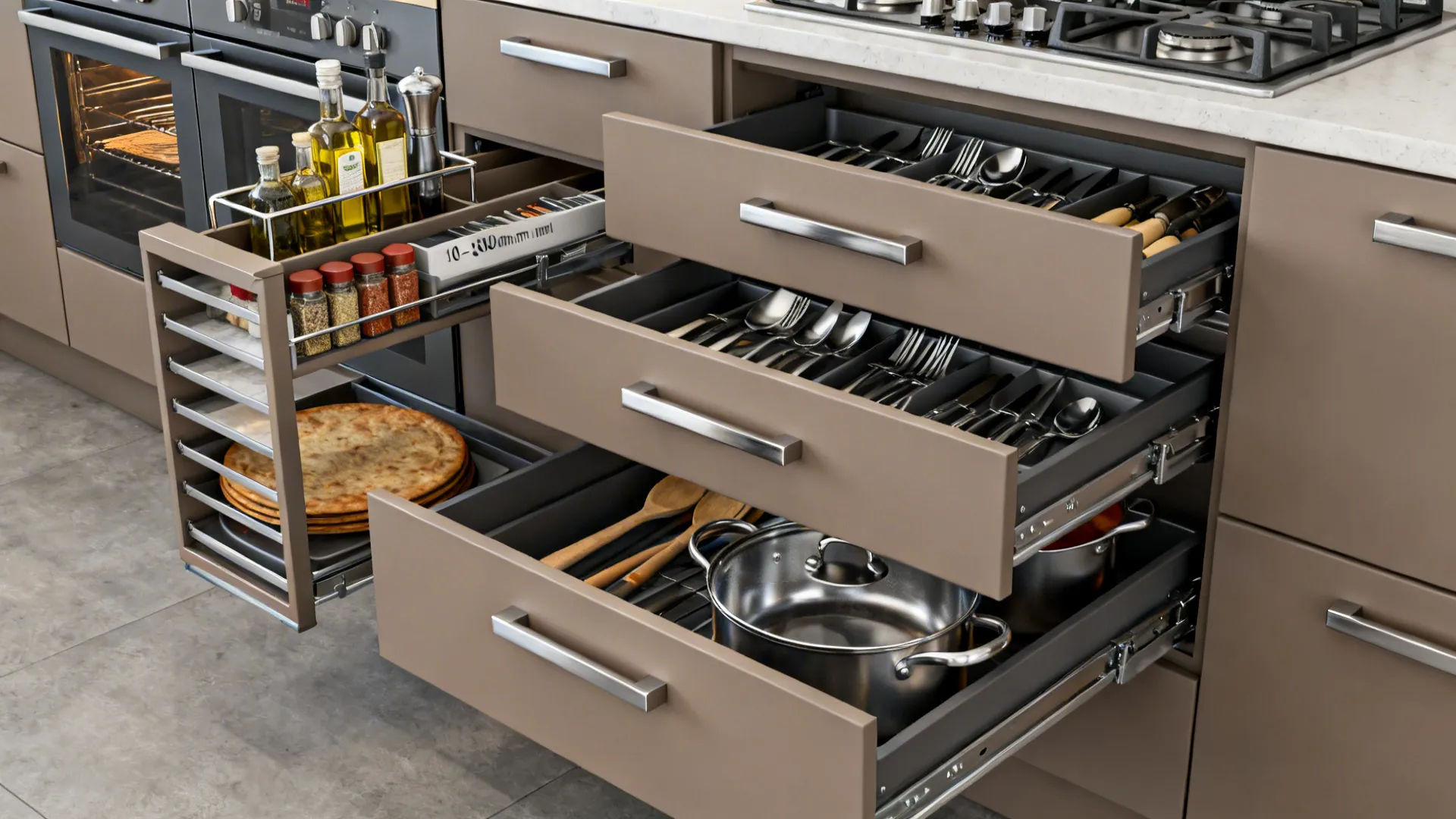 Close-up of full-extension kitchen drawers and a slim pull-out organizer near the hob.