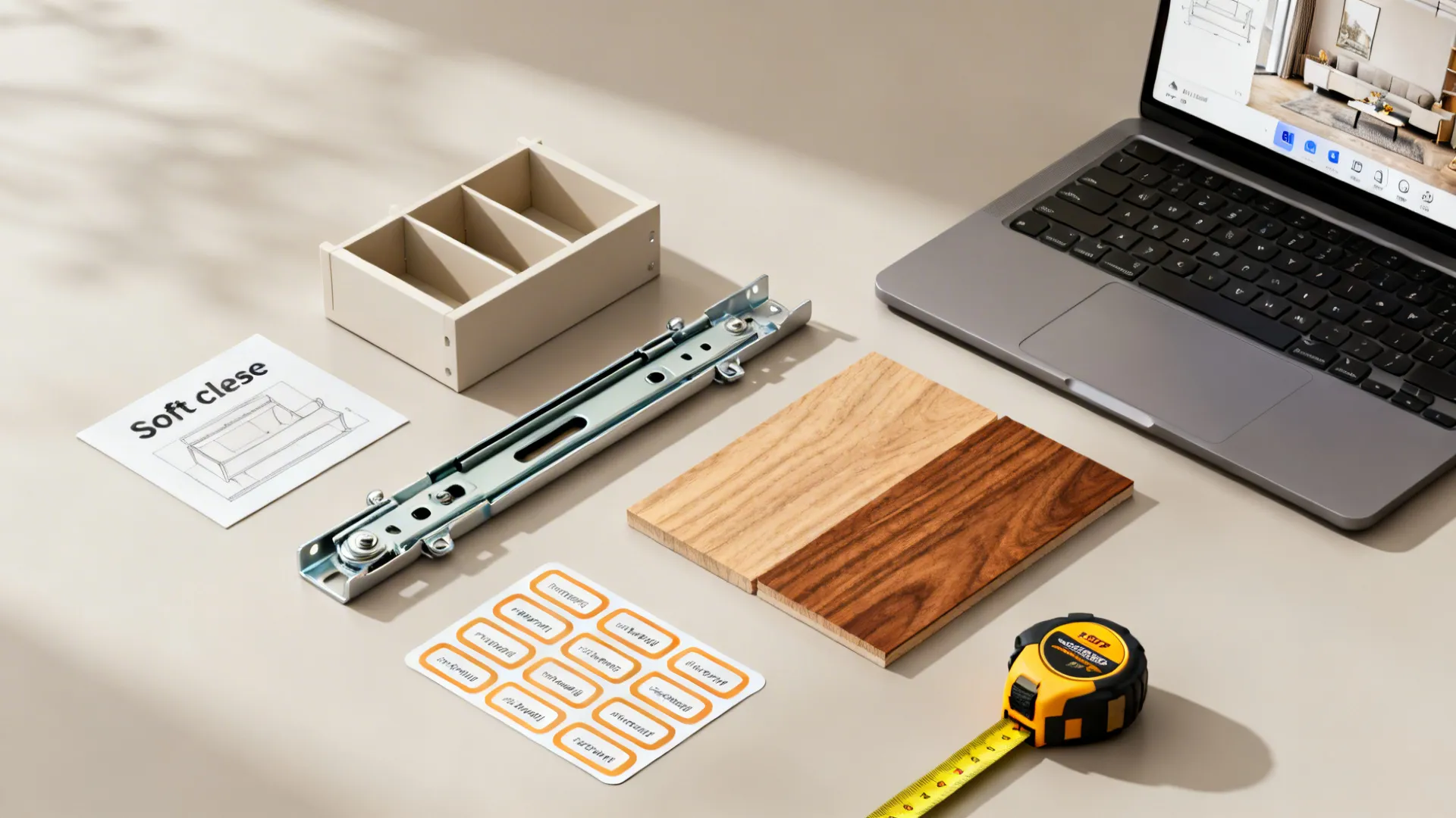 Flatlay of drawer hardware, dividers, veneer swatches and a room-planner app for measuring