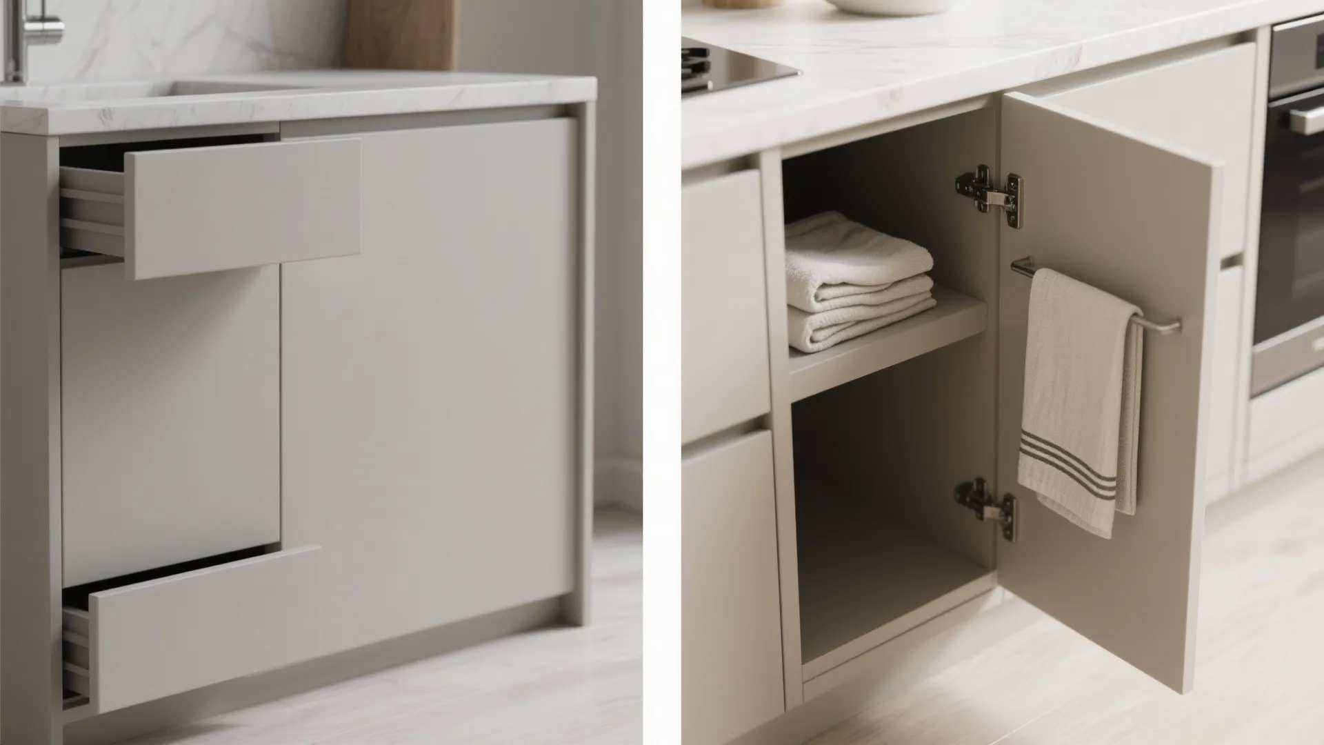 Modern grey kitchen cabinet featuring an open door with a small towel rack and folded towels