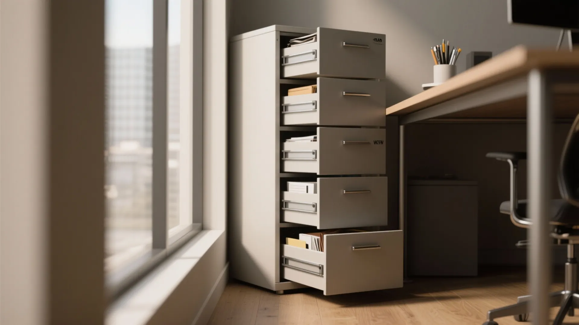2. Vertical drawer towers beside the desk