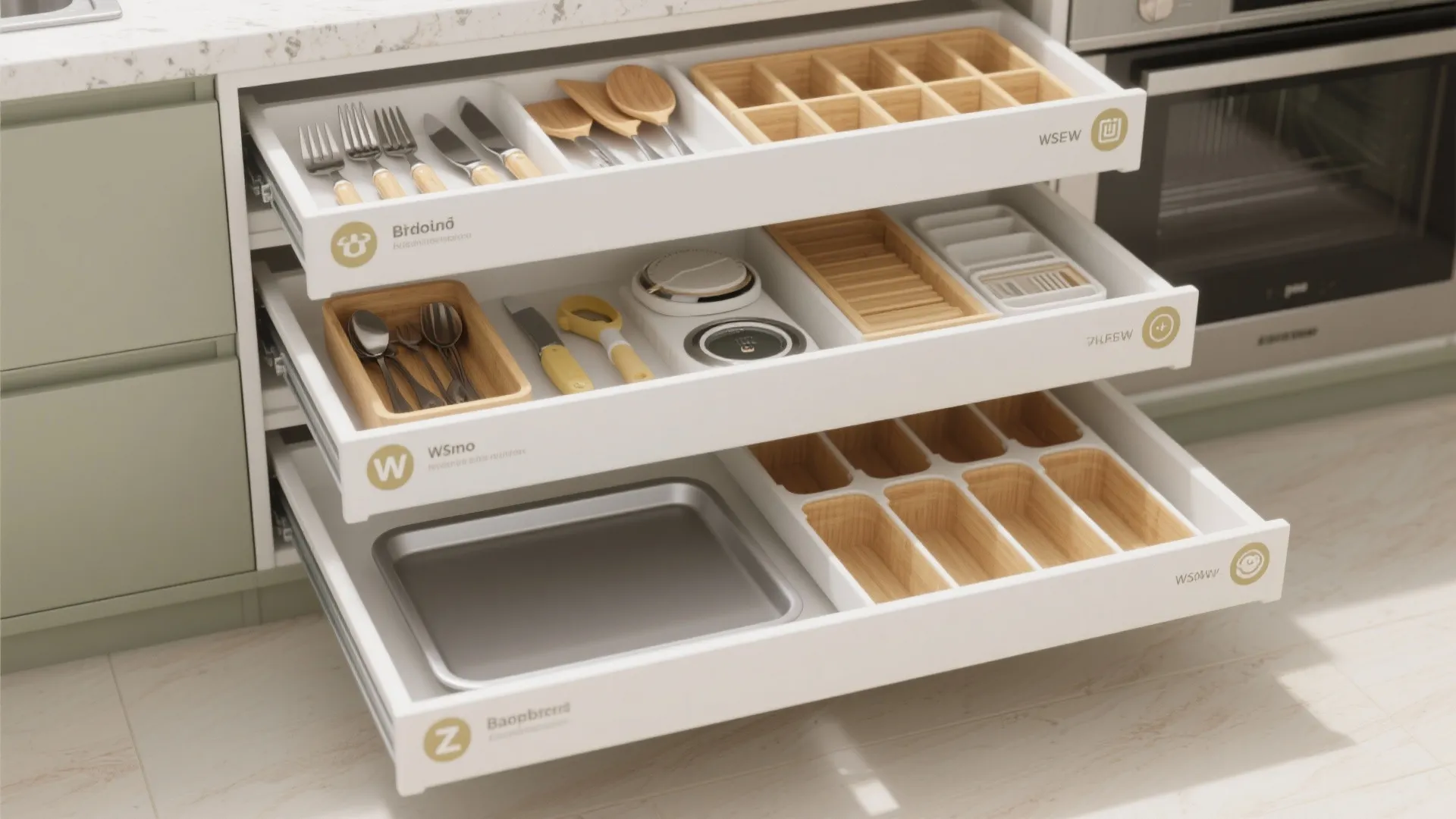 Three open white kitchen drawers showing organized trays for forks spoons knives and cooking tools