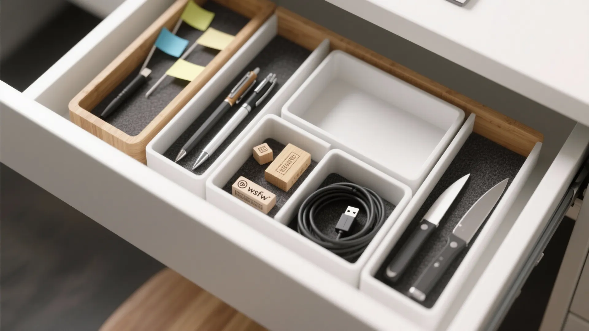 White desk drawer with organized small trays holding pens cables and other office supply items