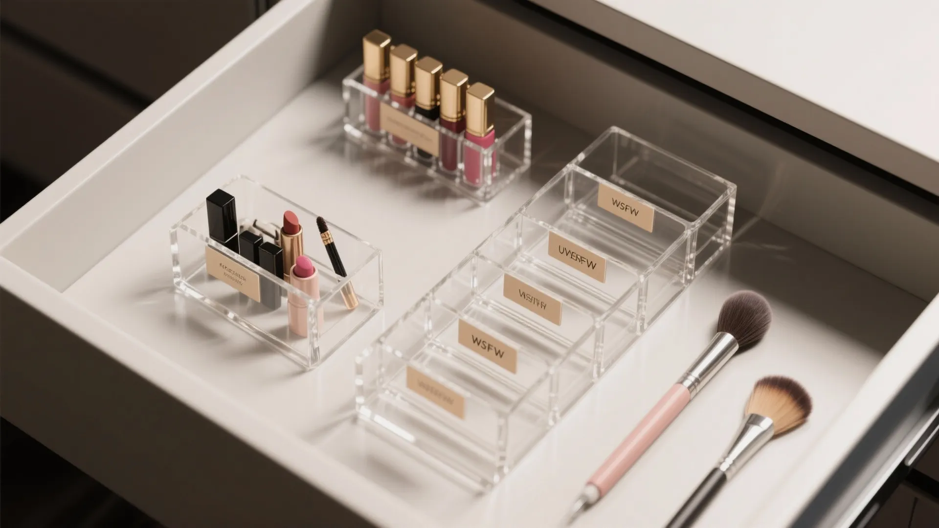 Clear plastic organizer trays inside a white drawer holding lipsticks and makeup brushes for neat storage