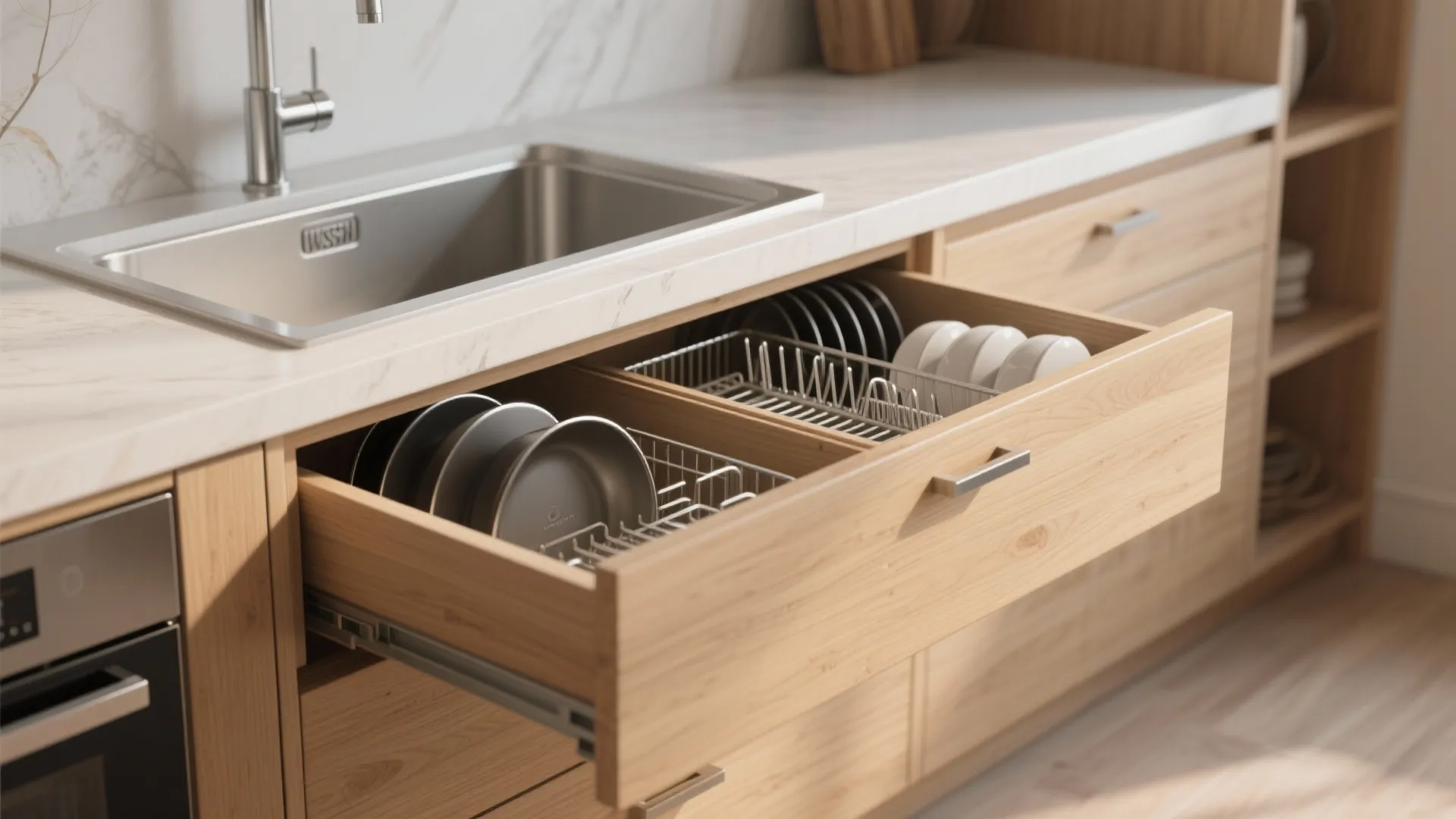 Drawer-style base units beside a wide sink with organized racks and a low-profile trap routed to the rear.