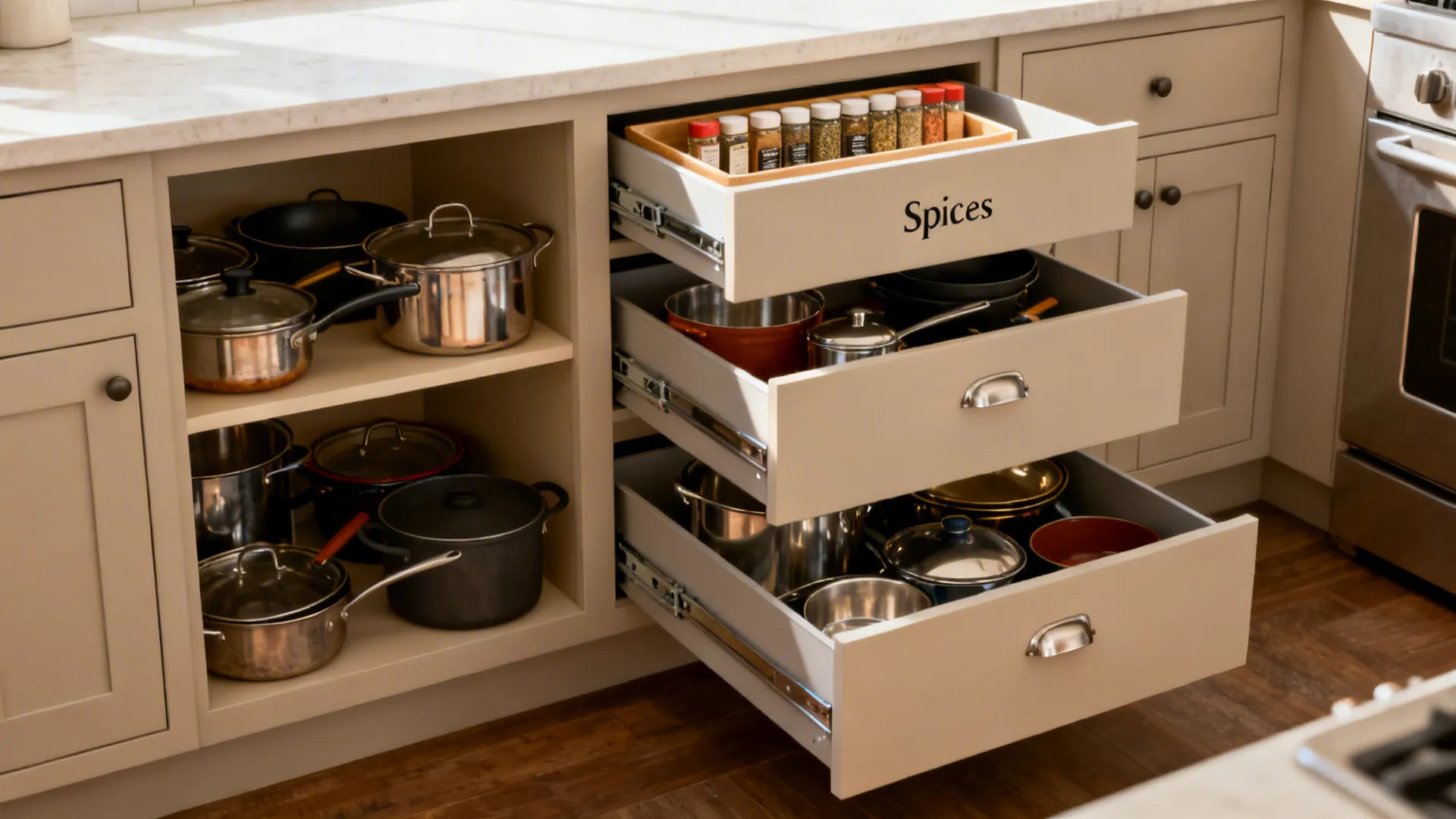 Before-and-after of a base cabinet: fixed shelf vs. organized full-extension drawers.