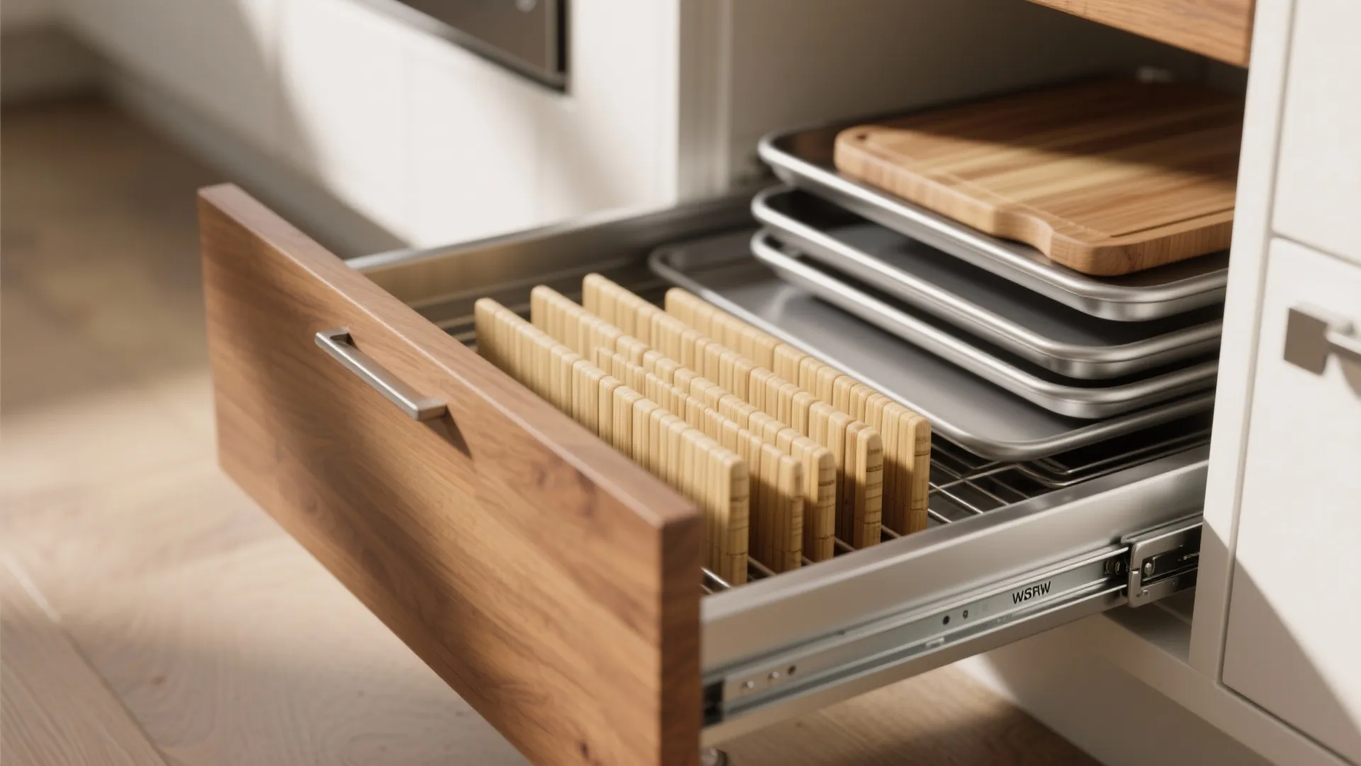 Open wood kitchen drawer showing organized storage for baking trays and small wooden cutting boards