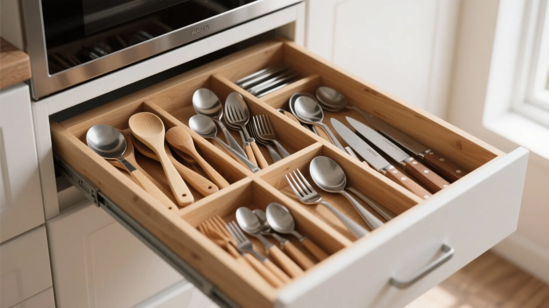 Open kitchen drawer with wooden divider holding silver spoons forks knives and wooden kitchen spoons
