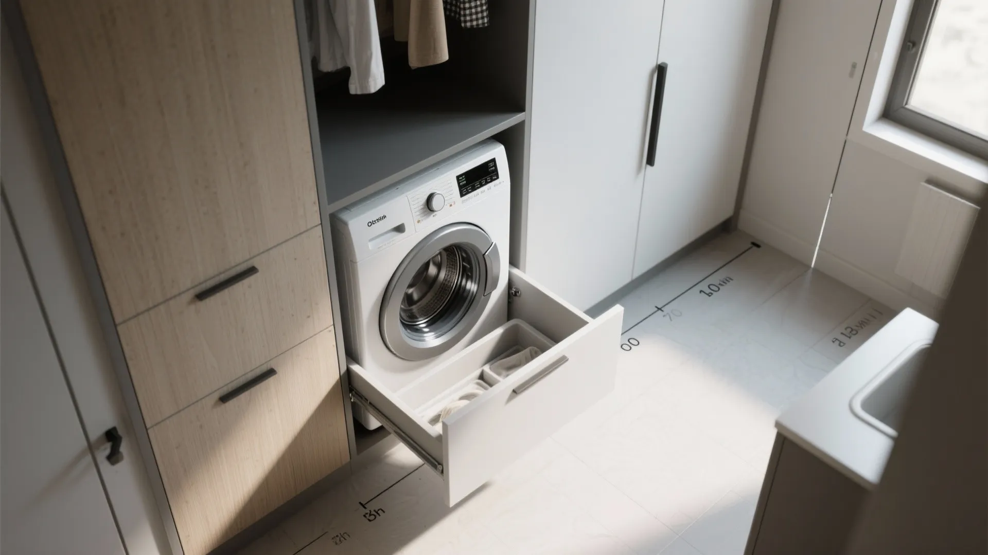 Top-down view of a drawer-style washer pulled out from cabinetry alongside a stowed portable washer in a micro-apartment layout.