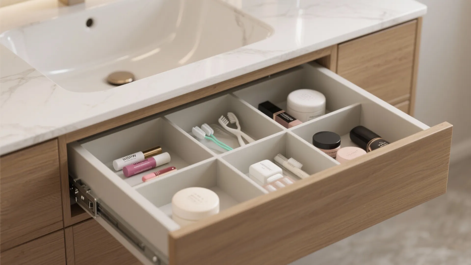 Open wooden bathroom drawer with internal white dividers holding makeup and toothbrushes under marble sink