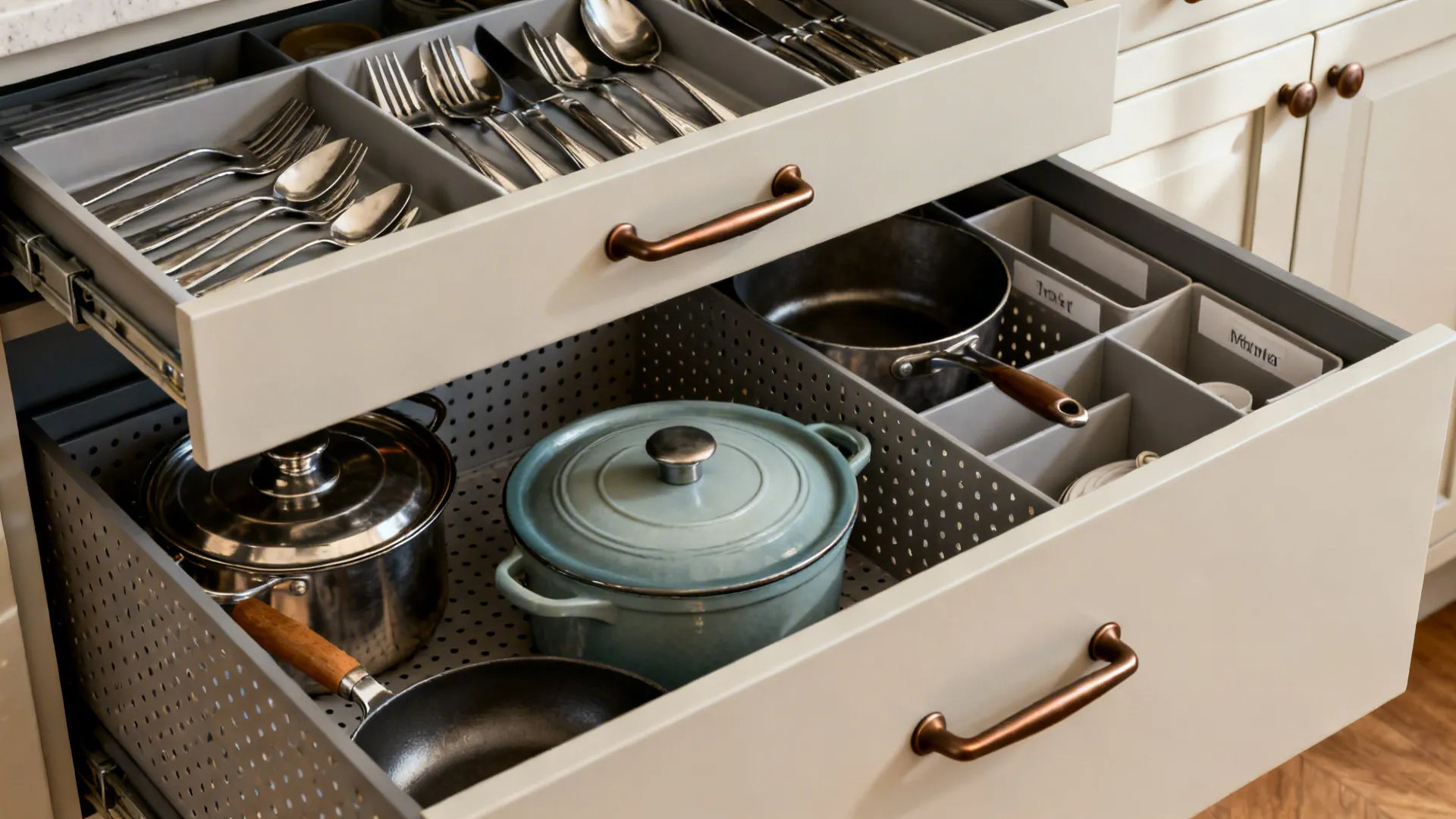Inner cutlery tier above deep drawer with peg system for pots and lids.