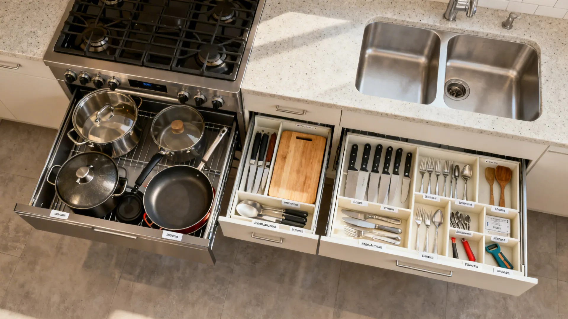 Drawer-First Base Cabinets and Zoned Storage