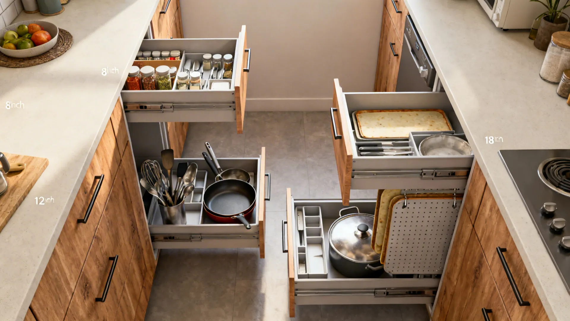 Top-down view of mixed-width full-extension drawers with peg system organizing spices, utensils, and pans.