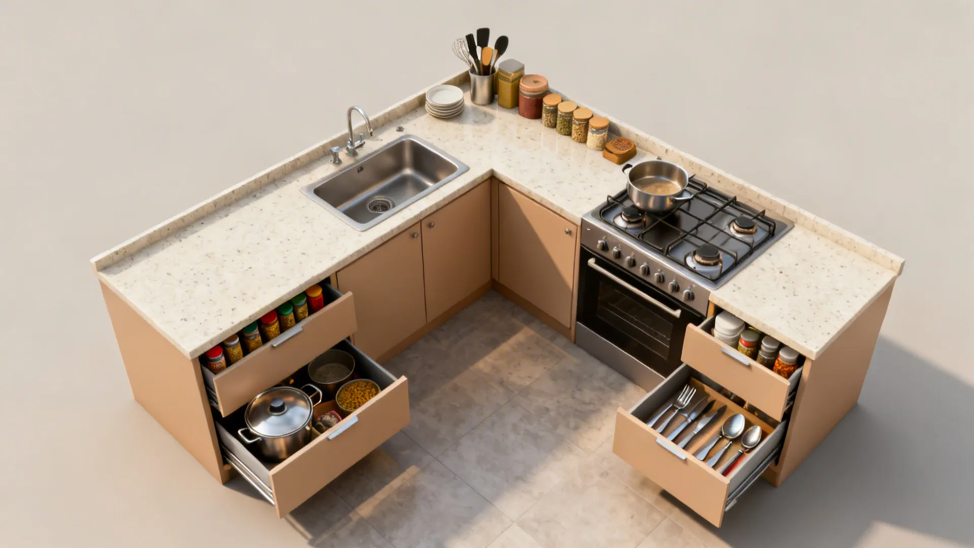 Top-down view of L-shaped kitchen with clearly zoned deep drawers