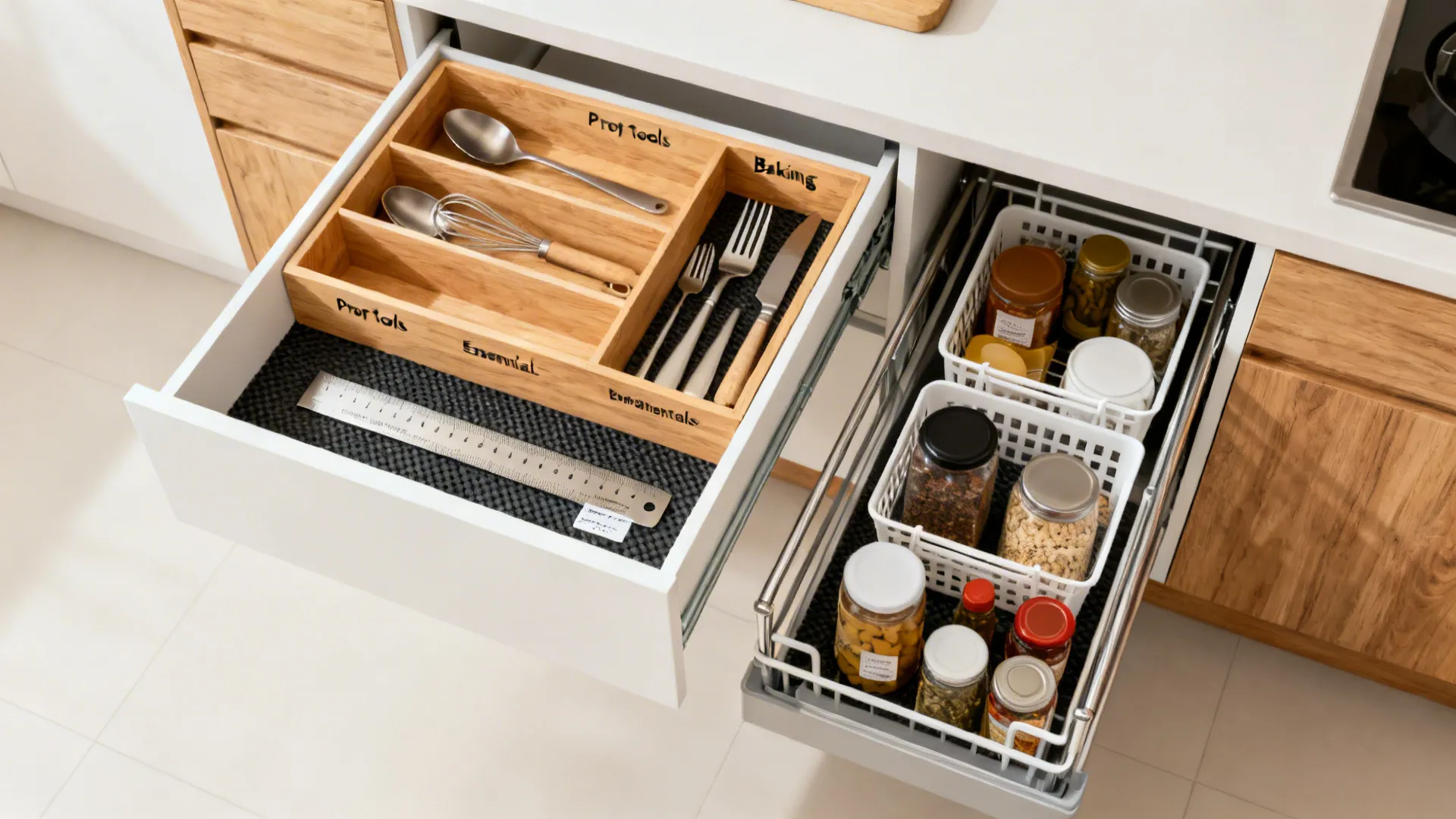 Top down view of organized kitchen drawers with wooden cutlery divider and plastic storage bins