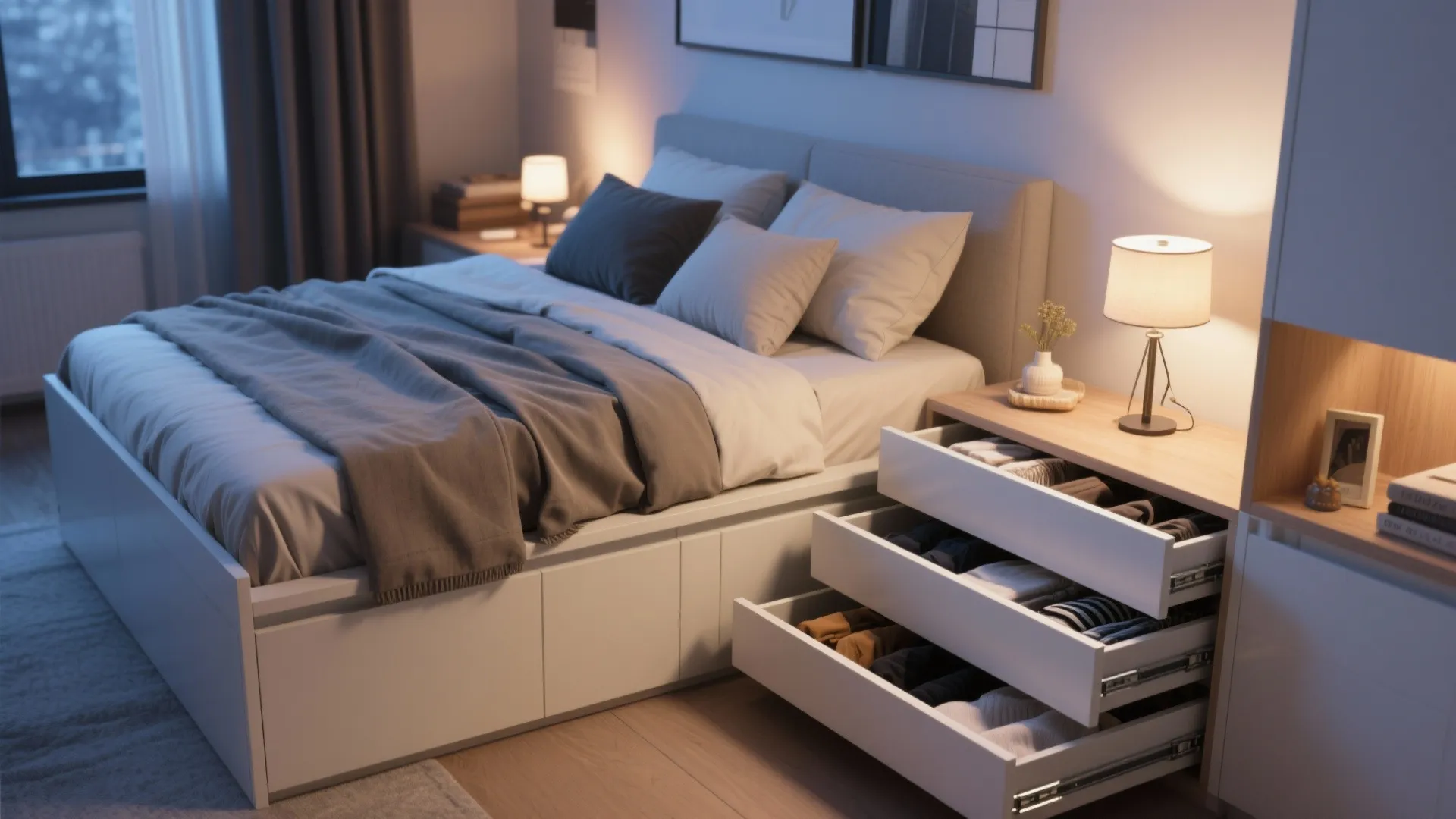 2. Drawered bed with built-in nightstand integration