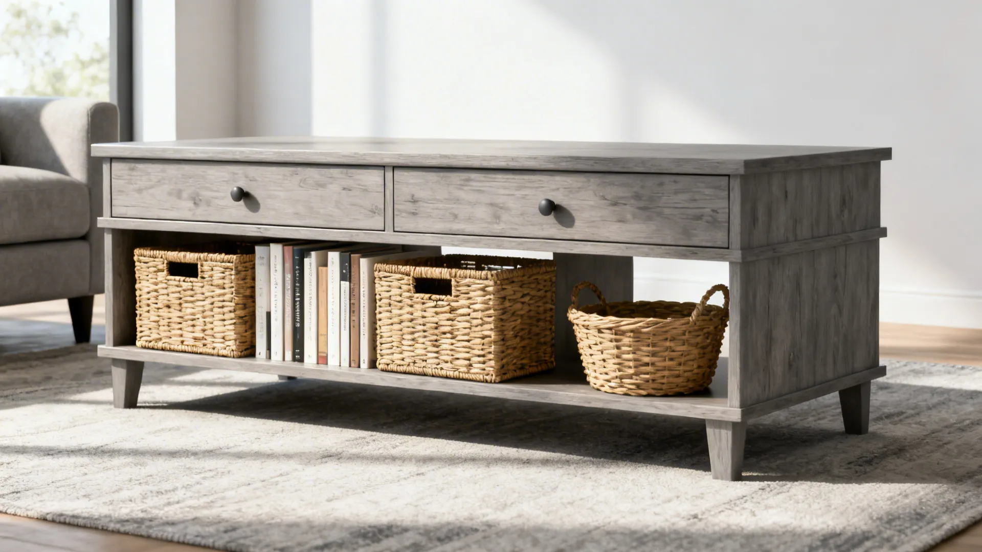 Rectangular coffee table with drawers and lower shelf baskets in a compact living room