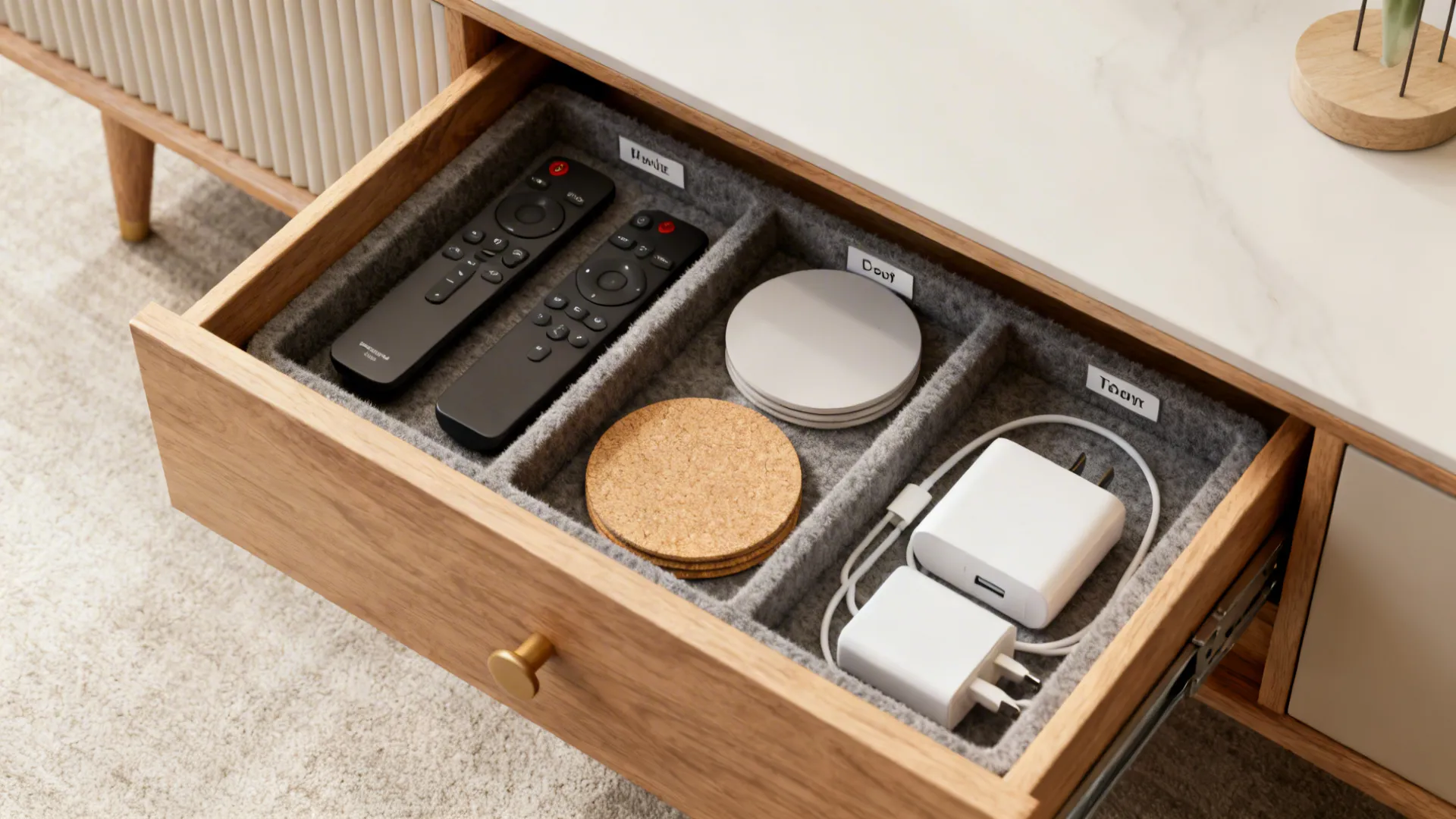 Organized wooden drawer with black remote controls round coasters and white chargers in grey compartments
