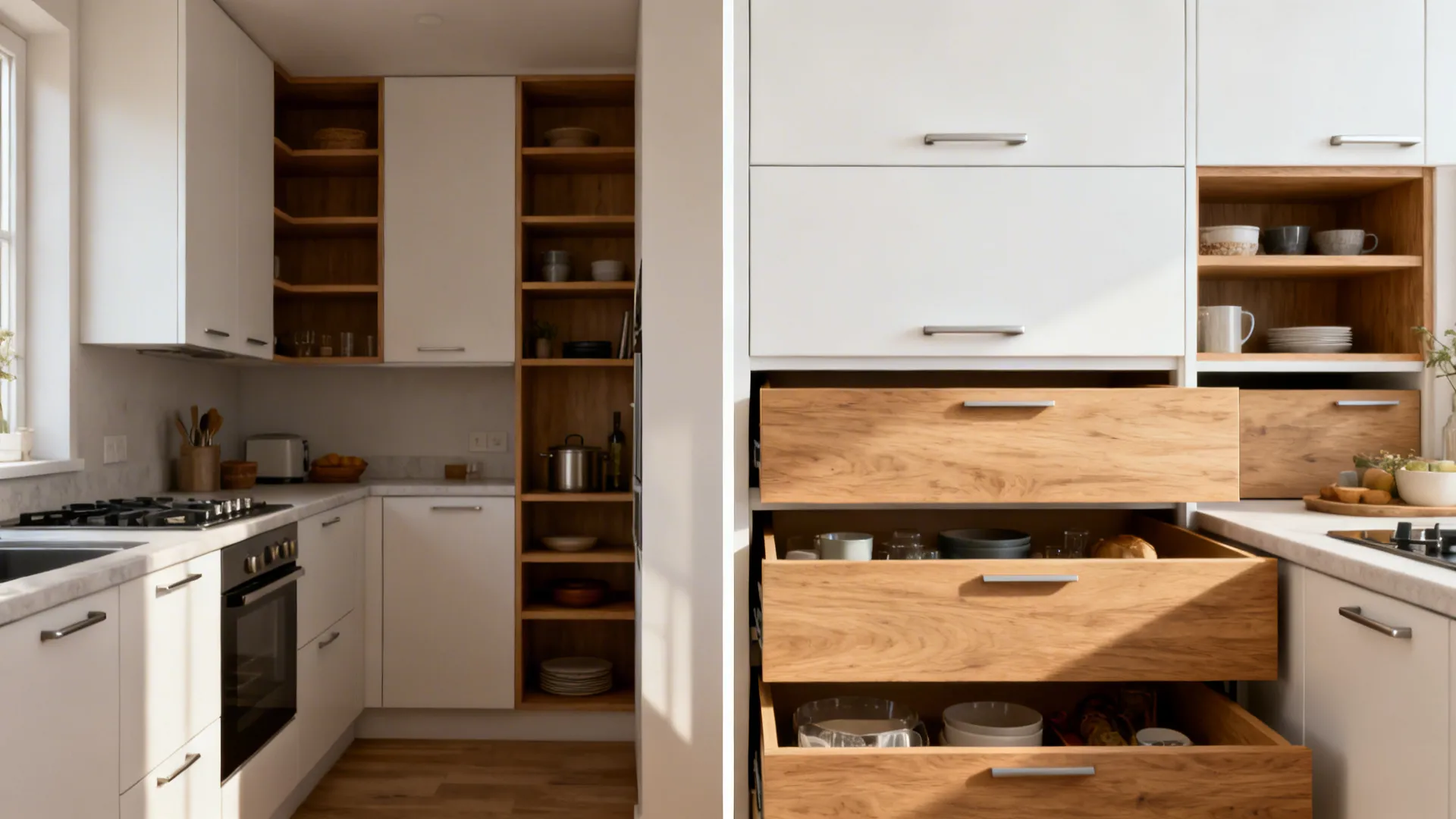 Comparison of hinged base cabinets versus deep drawer bases in the same small kitchen.