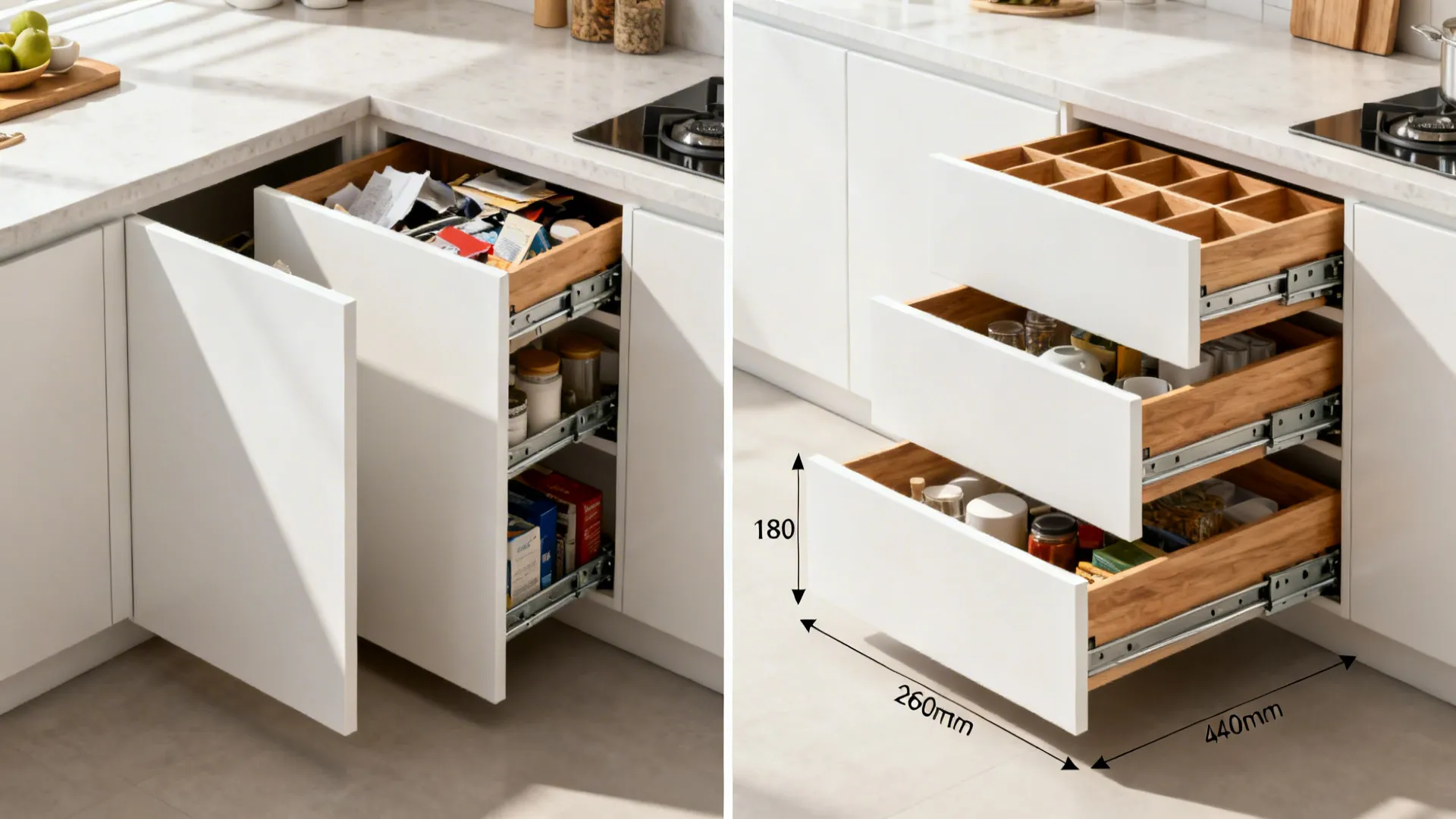 Before-and-after of base cabinets converted from doors to three-drawer stacks in a small kitchen.