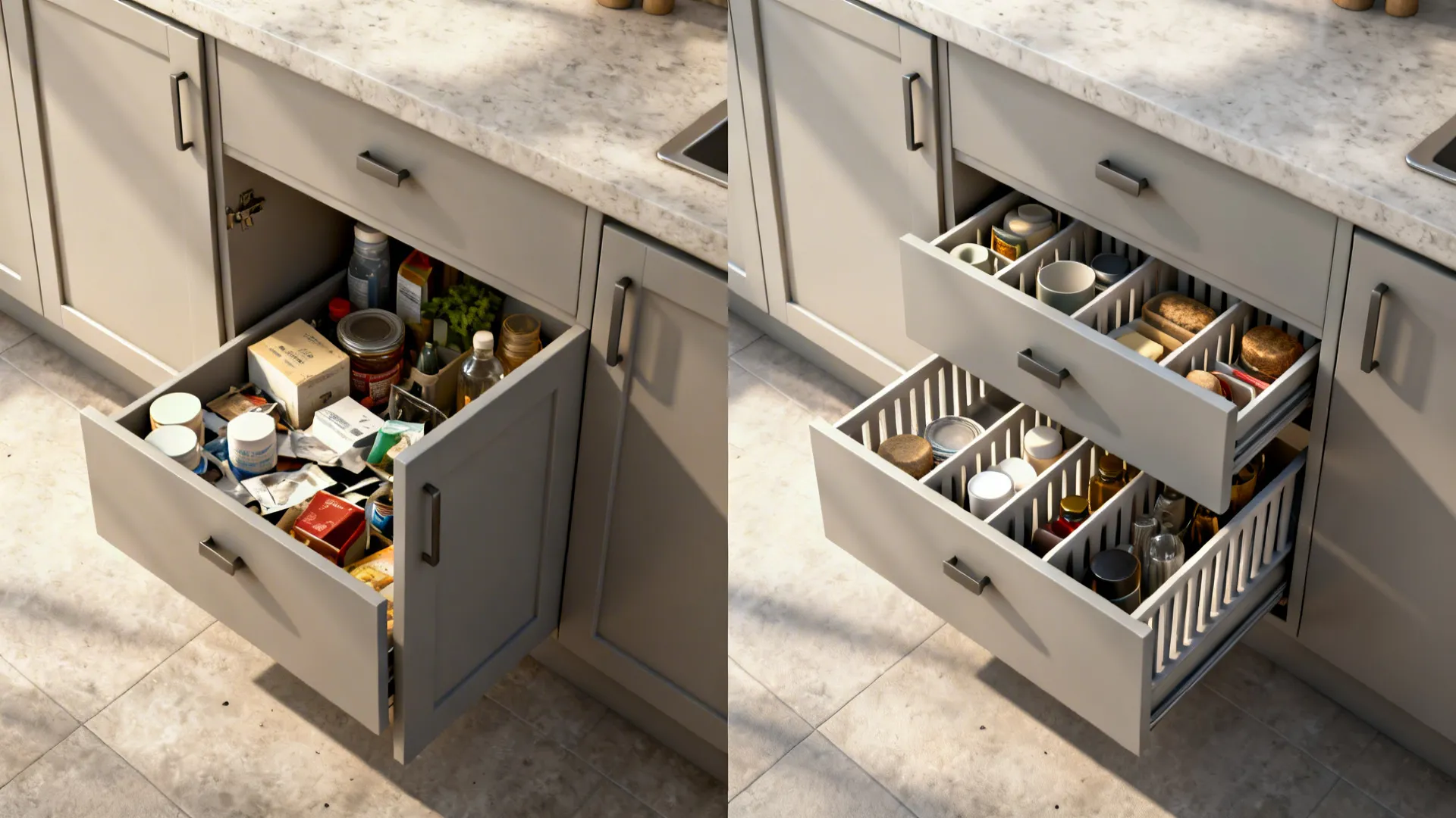 Before-after comparison of base cabinets switching from doors to organized drawers with dividers.