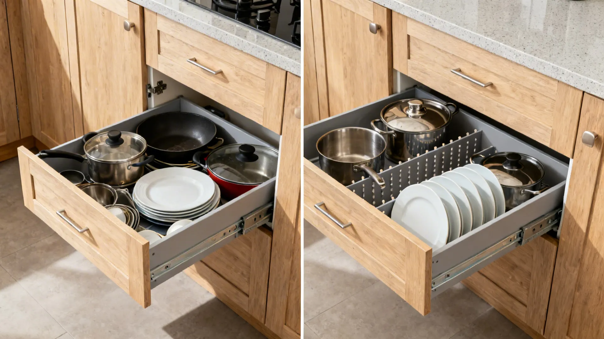 Split view comparing door base cabinets versus full-extension deep drawers with organized storage.