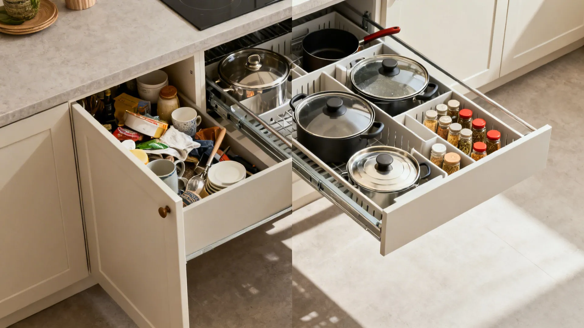 Before-and-after of a base cabinet converting from doors with clutter to full-extension drawers with organized storage.