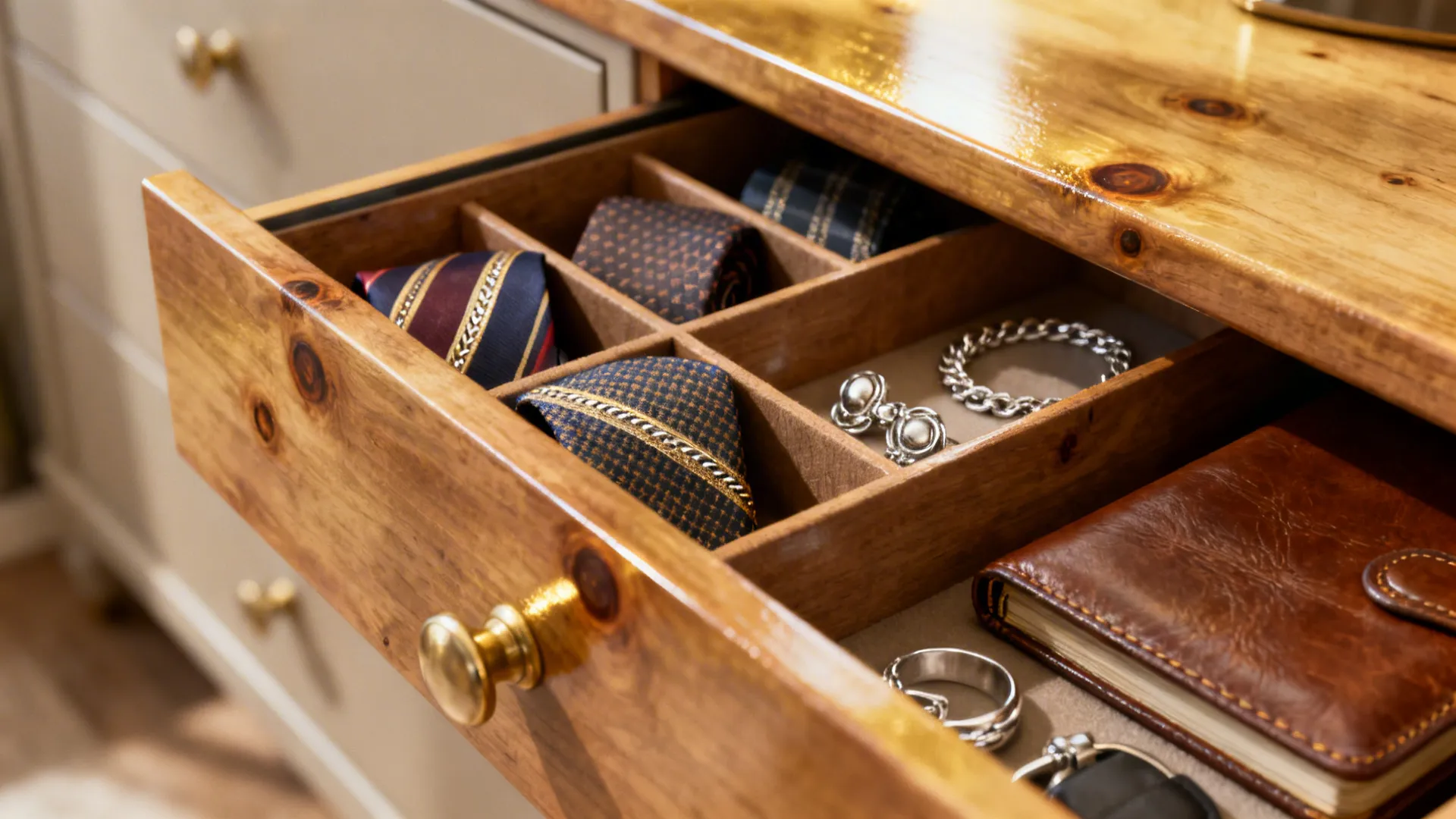 Open wood drawer with internal dividers for ties and jewelry next to a brown leather book