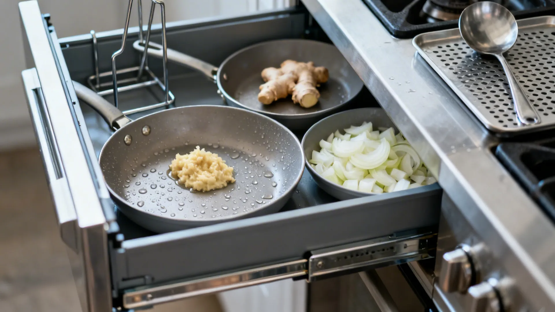 Macro of refrigerated drawers with shallow pans of aromatics and a nearby ladle rack.