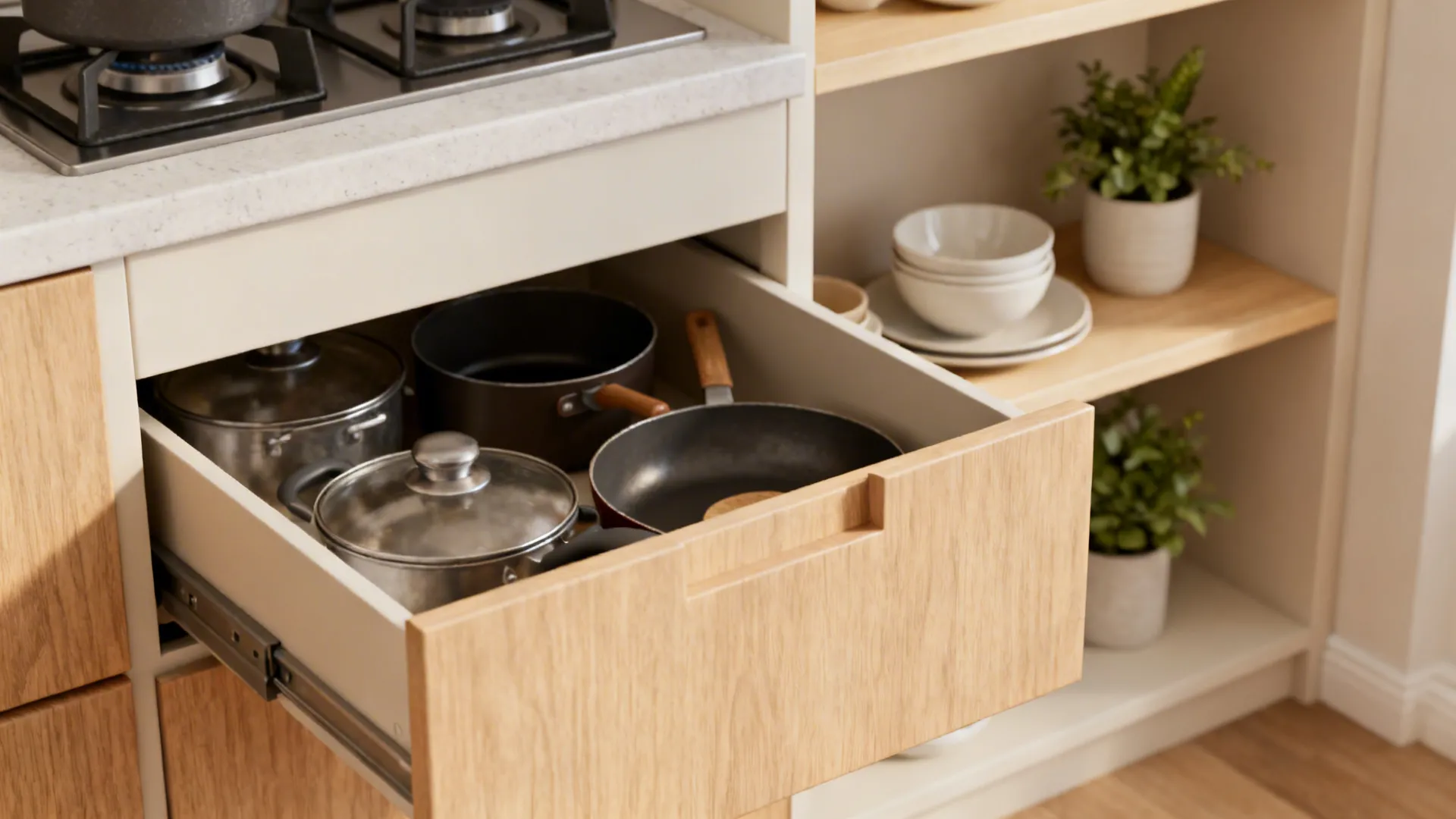 Deep kitchen drawers and open shelving styled with dishes and plants in a light, airy small kitchen