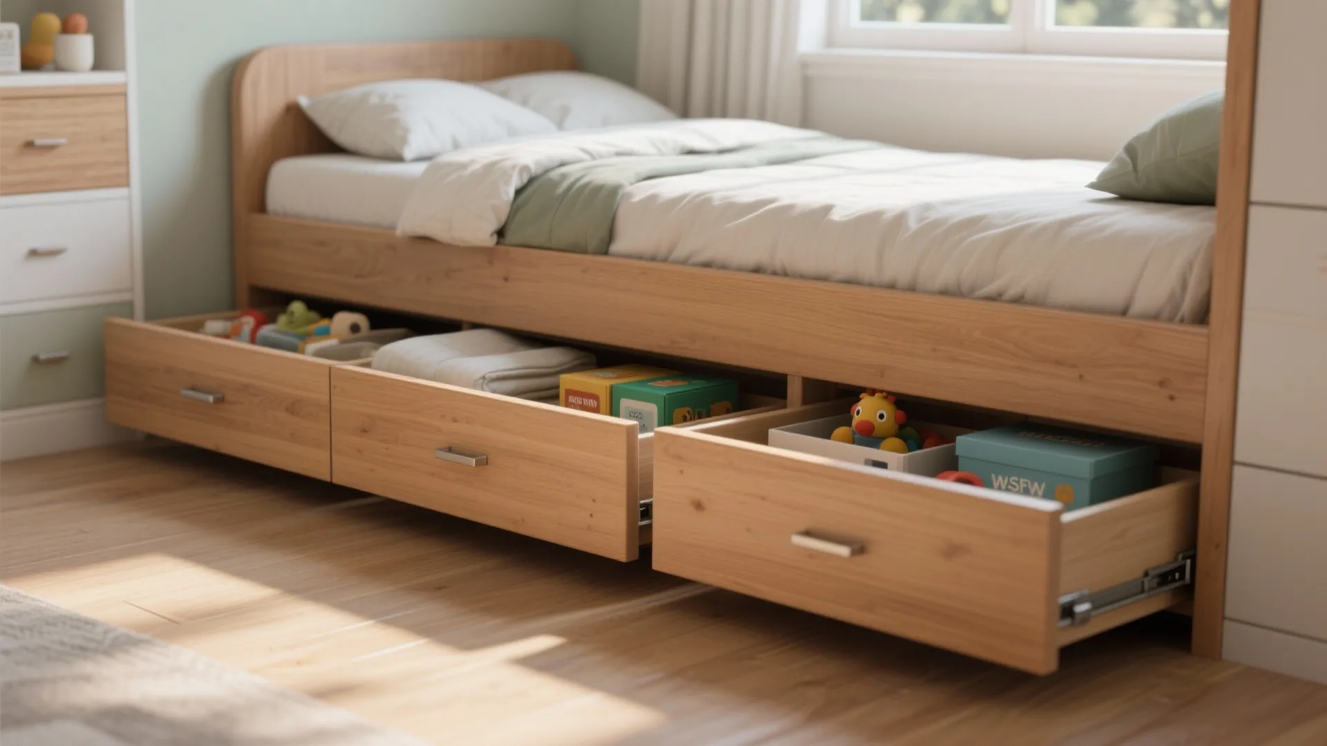 Wooden bed frame with three open storage drawers underneath filled with toys and various clothes