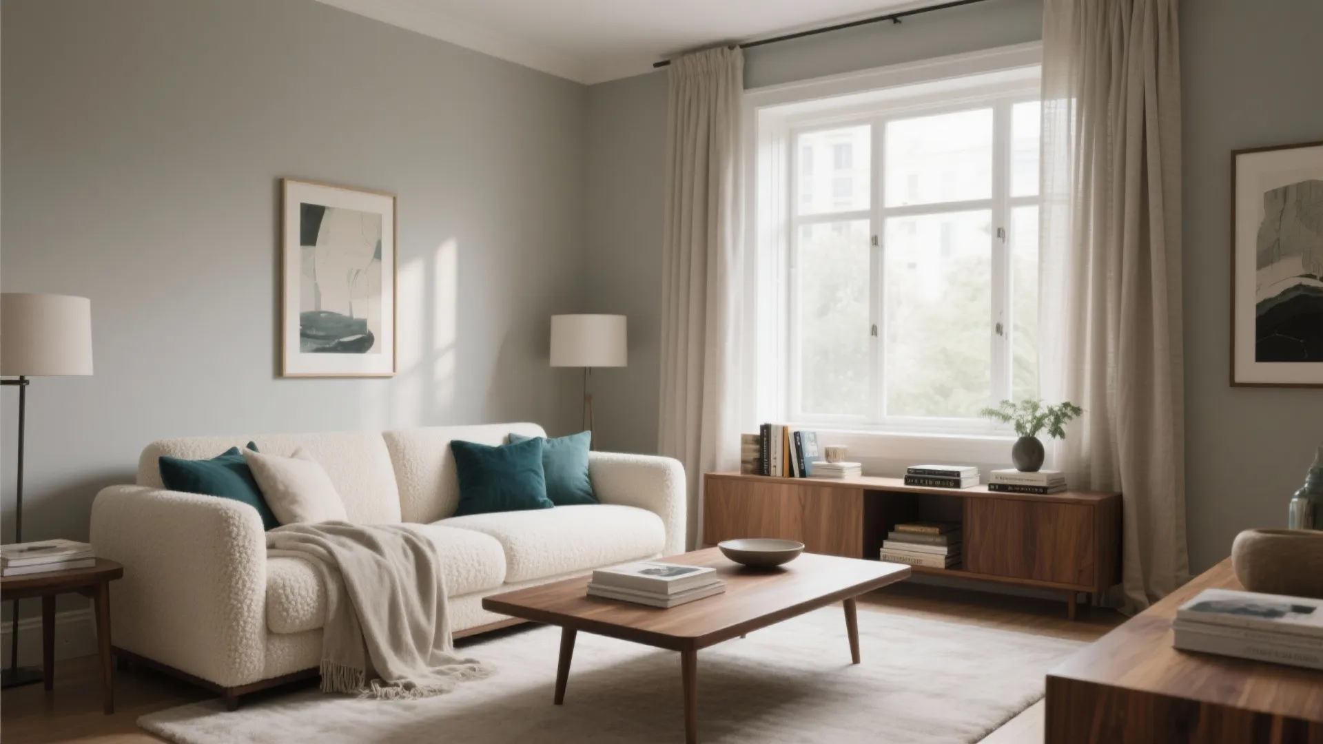 Modern living room with white sofa wooden coffee table beige rug and green wall paint color