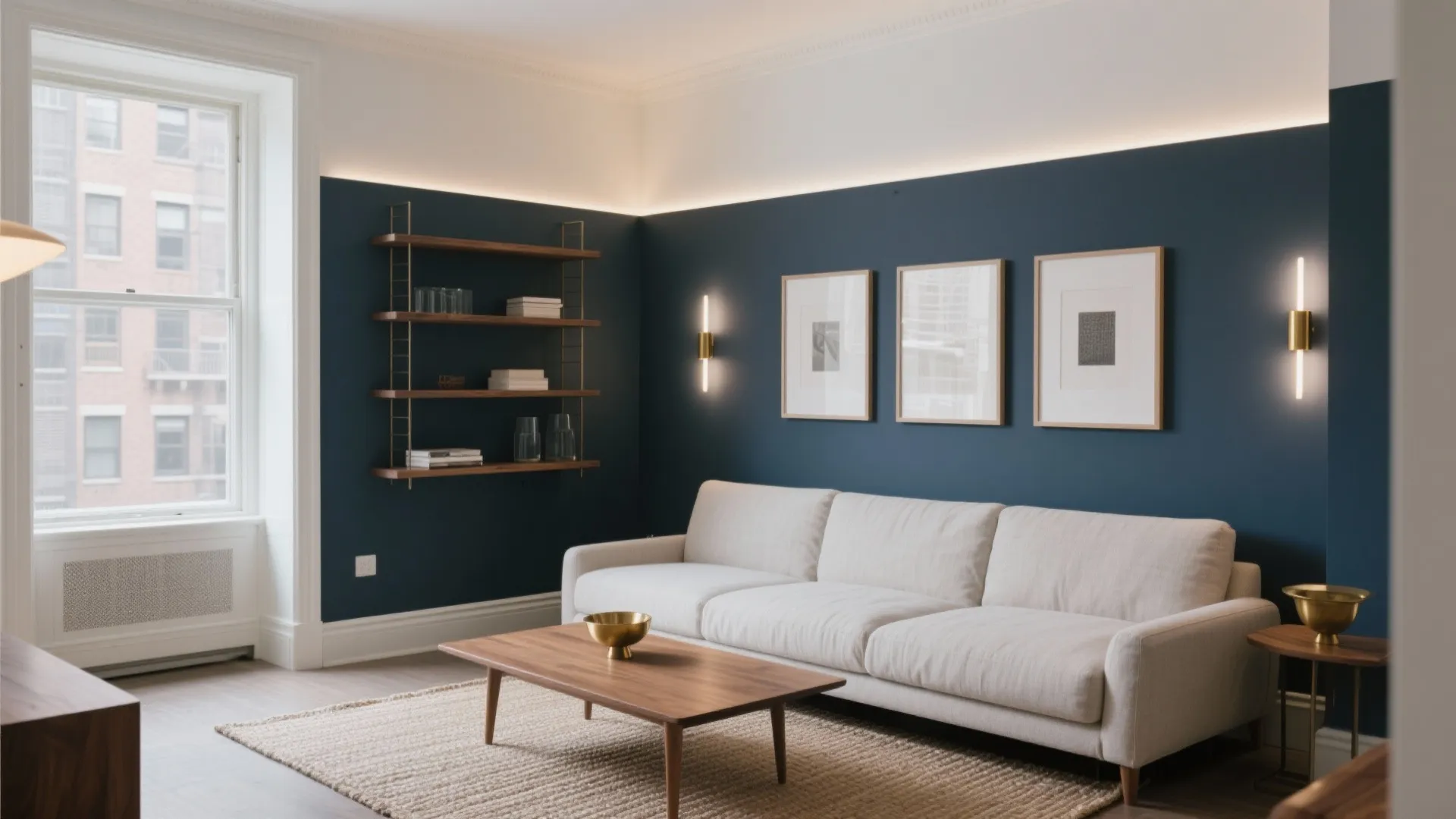 Modern living room with blue wall panel white sofa wood coffee table and wall lights