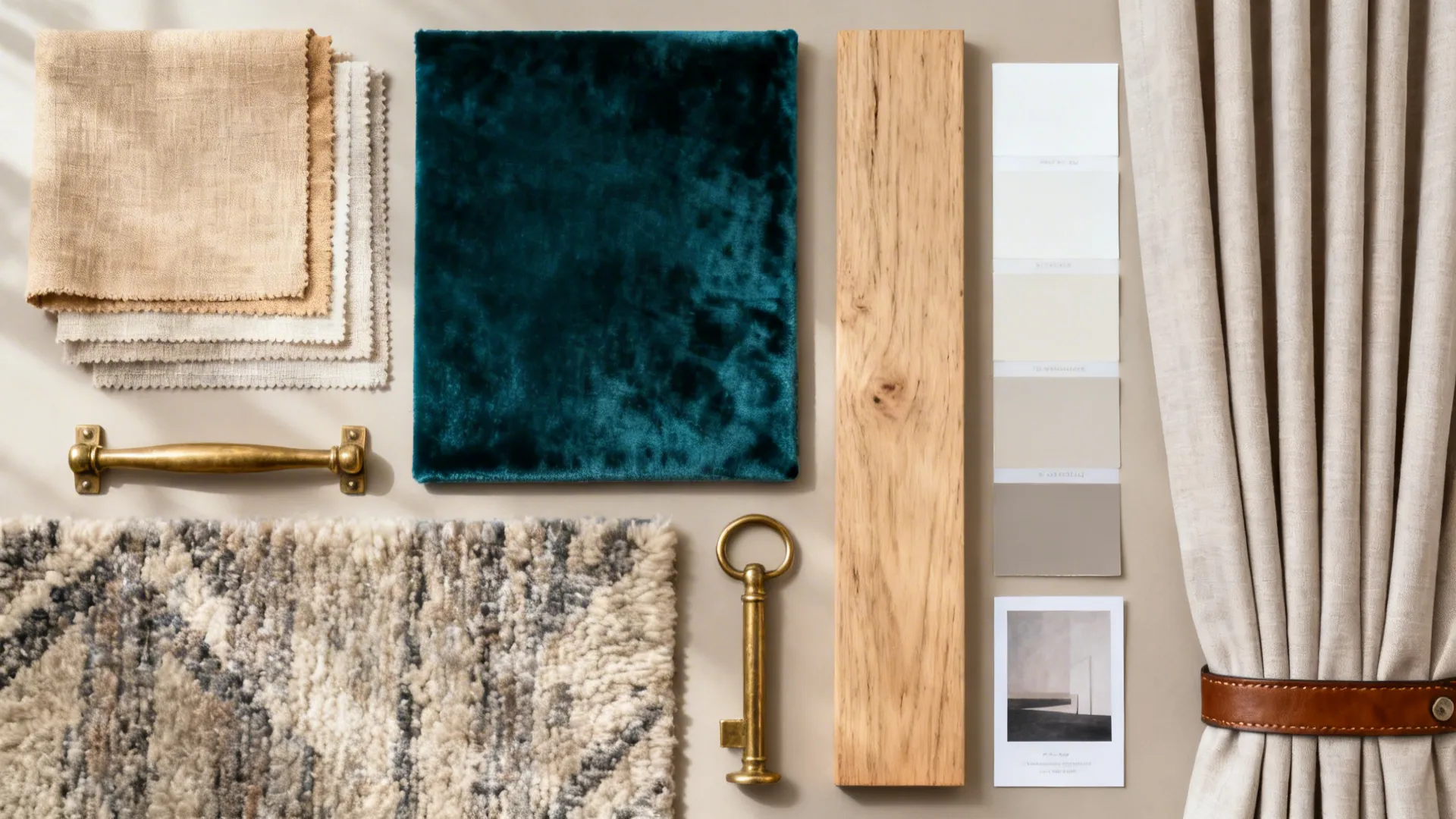 Flat-lay of linen, velvet, wool rug, oak wood, brass accents, and neutral paint chips for a drawing room.