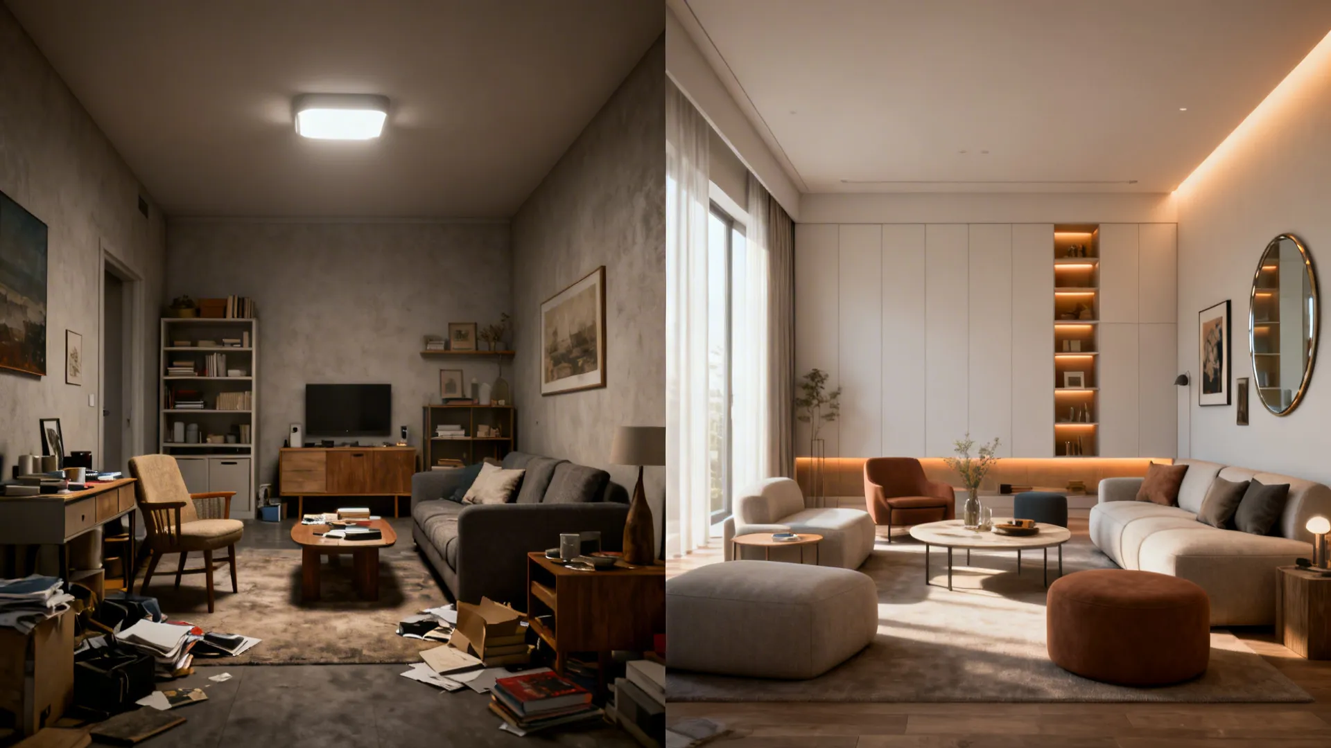 Before-and-after of a small drawing room from cluttered and harshly lit to calm, flexible, and layered.