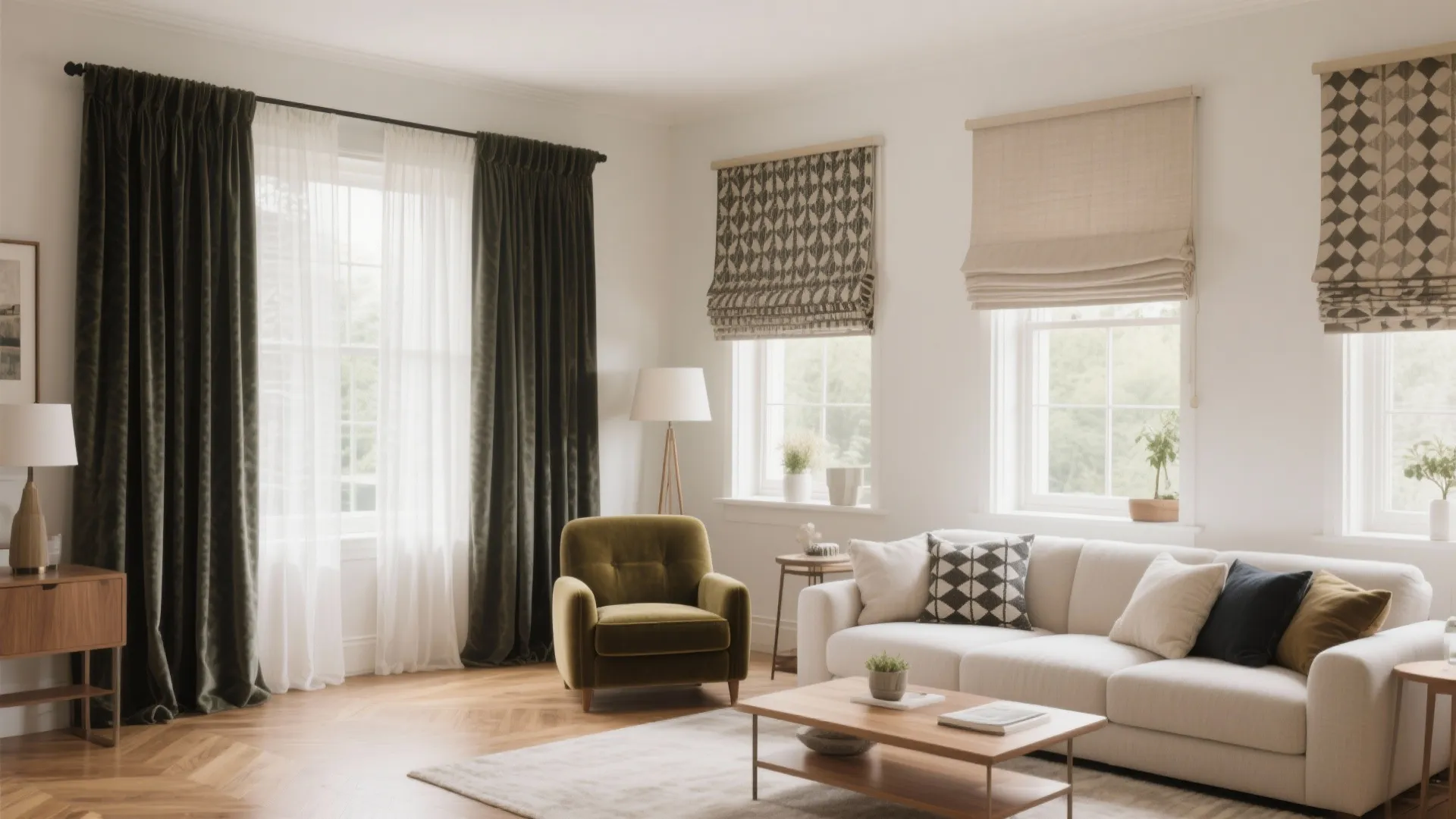 Bright living room with long dark curtains white sofa green armchair and wood coffee table furniture