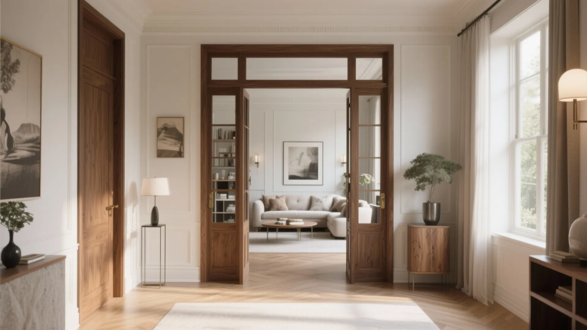 Classic wooden double doors opening into a bright living room with white walls and light