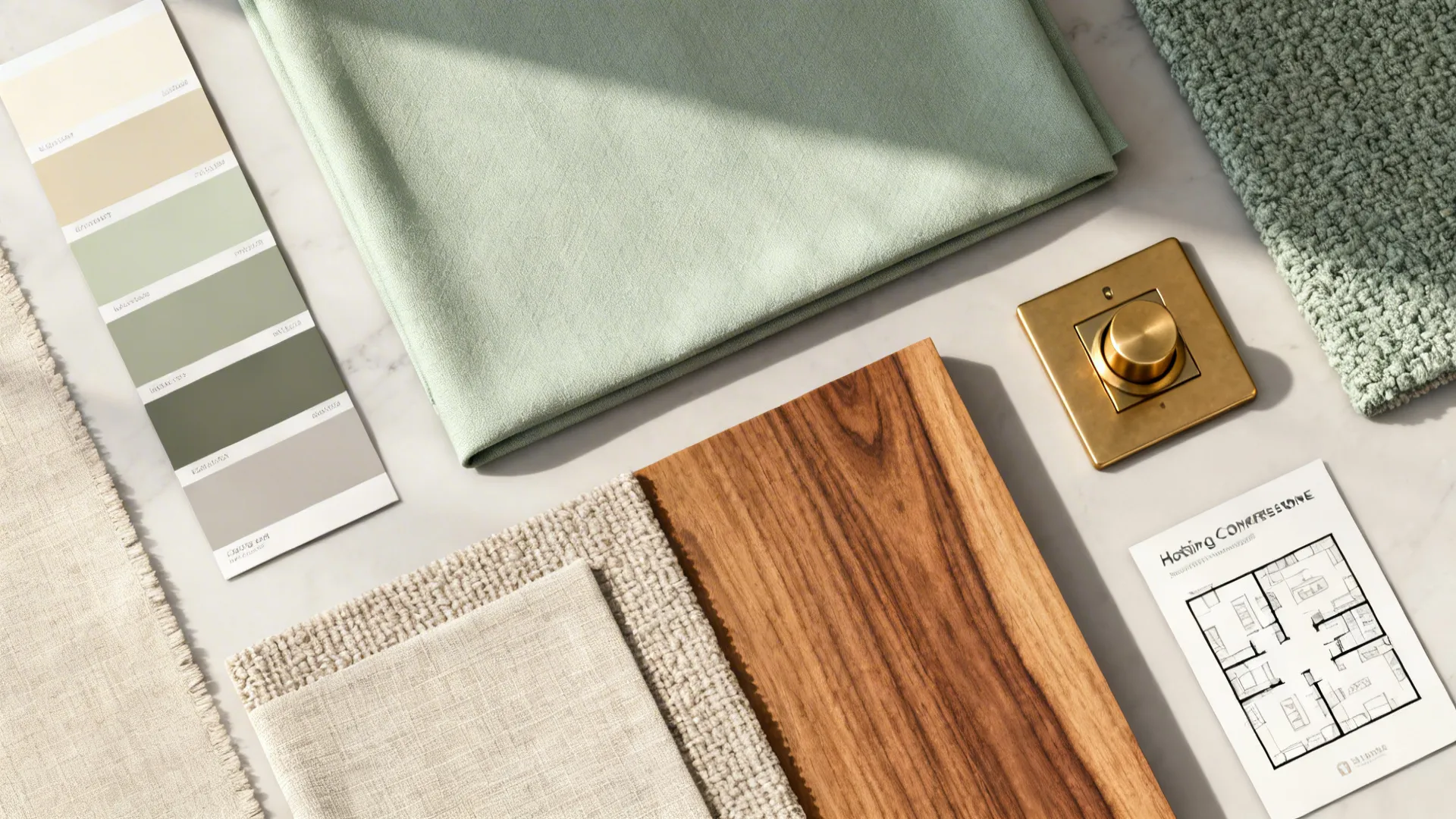 Flatlay with neutral paint swatches, fabric textures, wood and brass finishes, and a small hosting-focused plan.