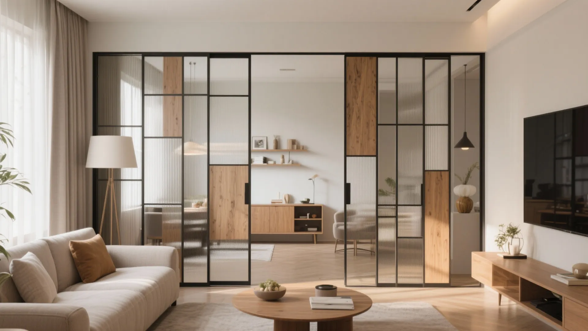 Minimalist living room featuring a glass partition wall with black frame and light wood panel accents